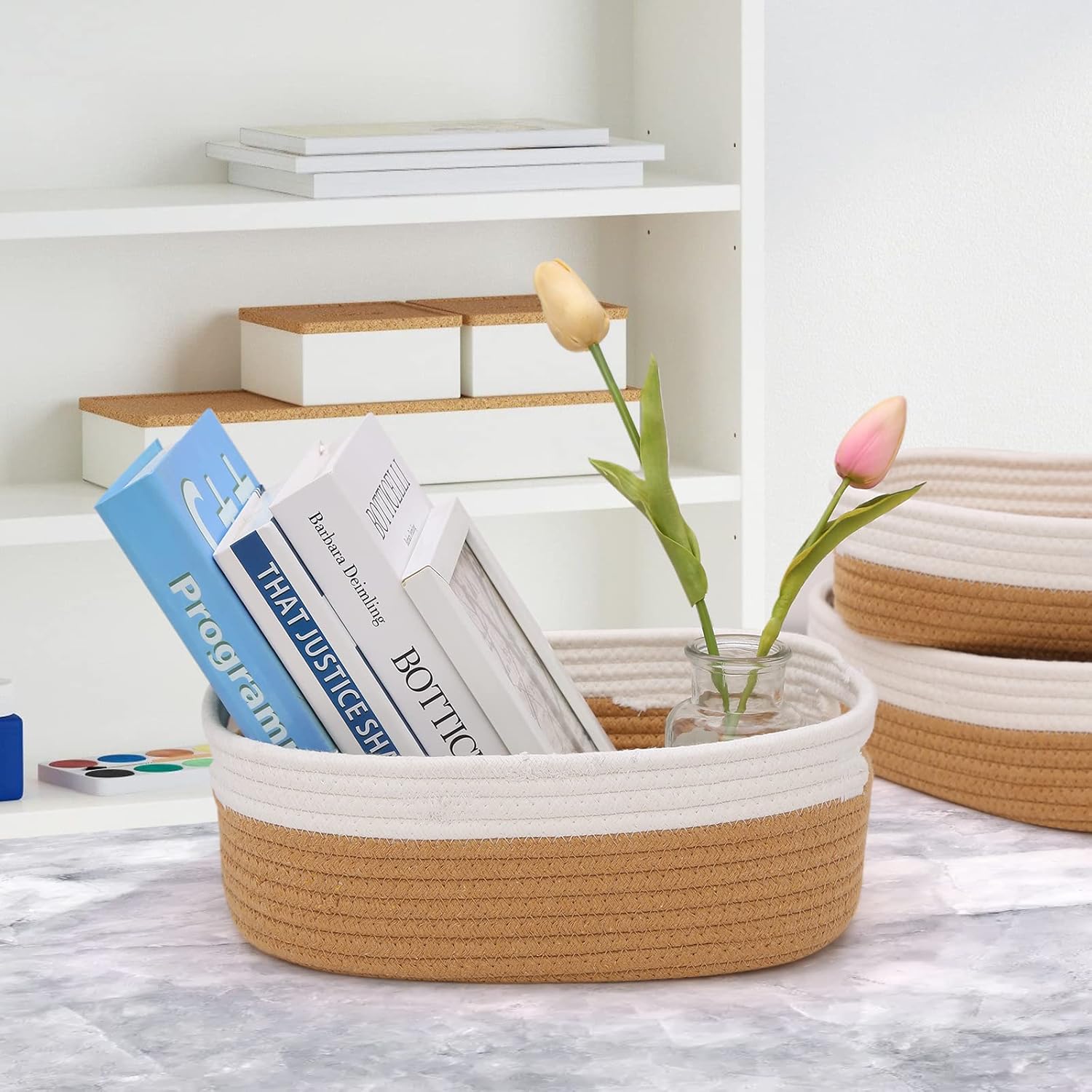 7 Piece Cotton Rope Woven Basket Set / OFF WHITE & JUTE
