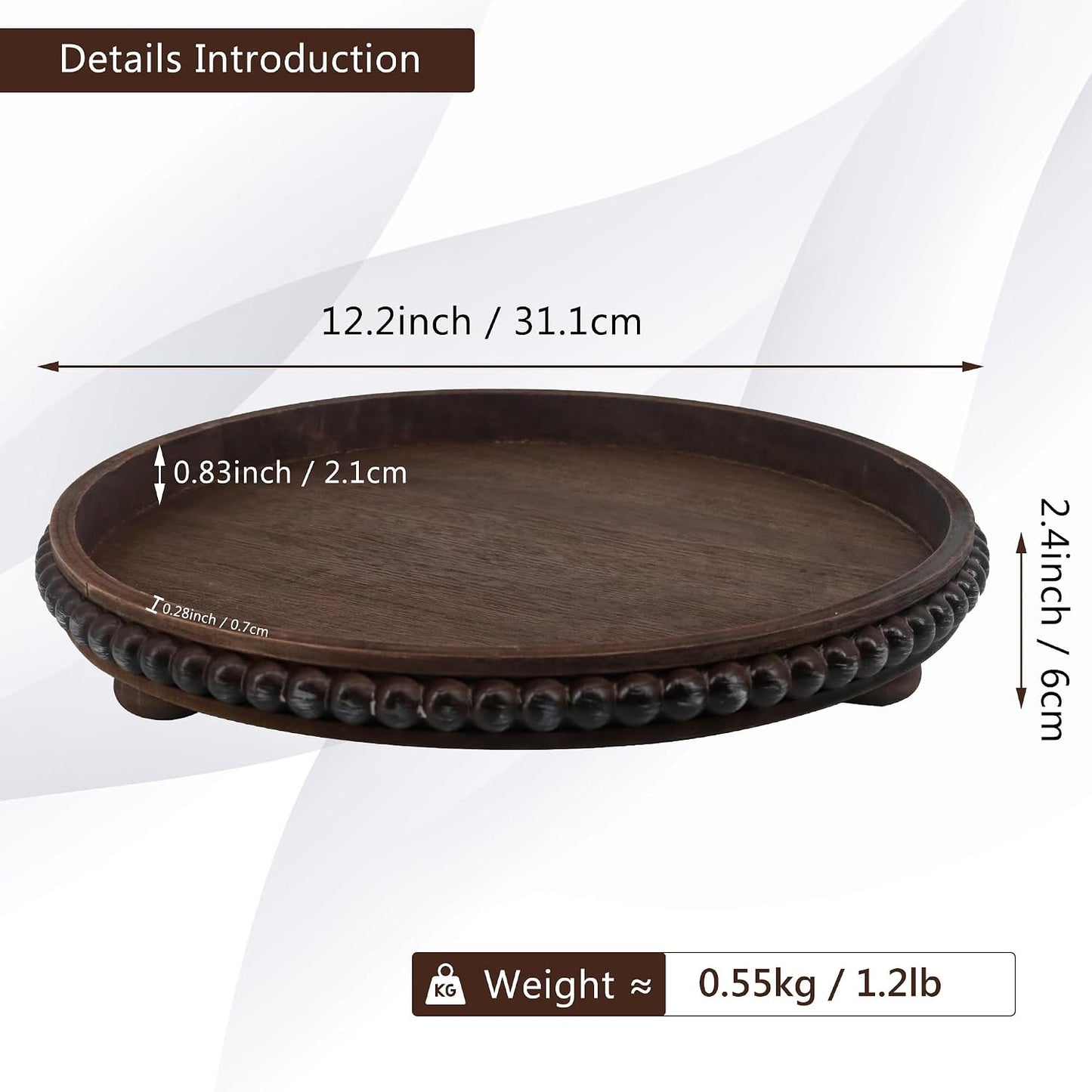 Decorative Tray Round Wood Beaded / Brown / 12 Inch / Set of 12