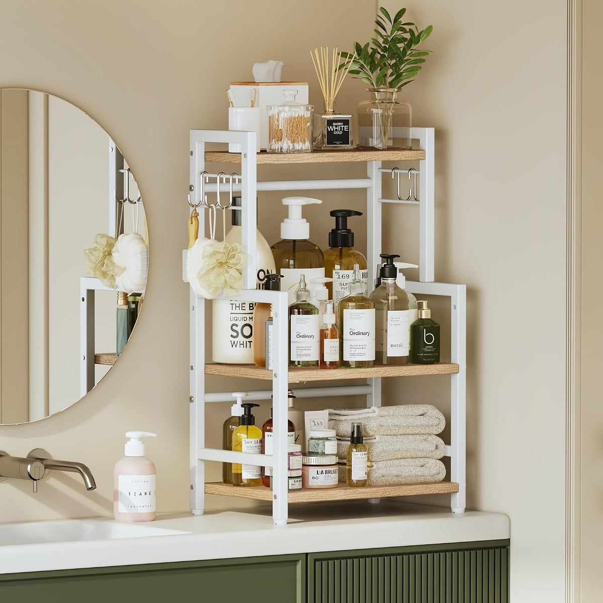 Kitchen Countertop Organizer, 3 Tier Large Spice Rack Organizer with Adjustable Shelf and 5 Hooks, Wooden Counter