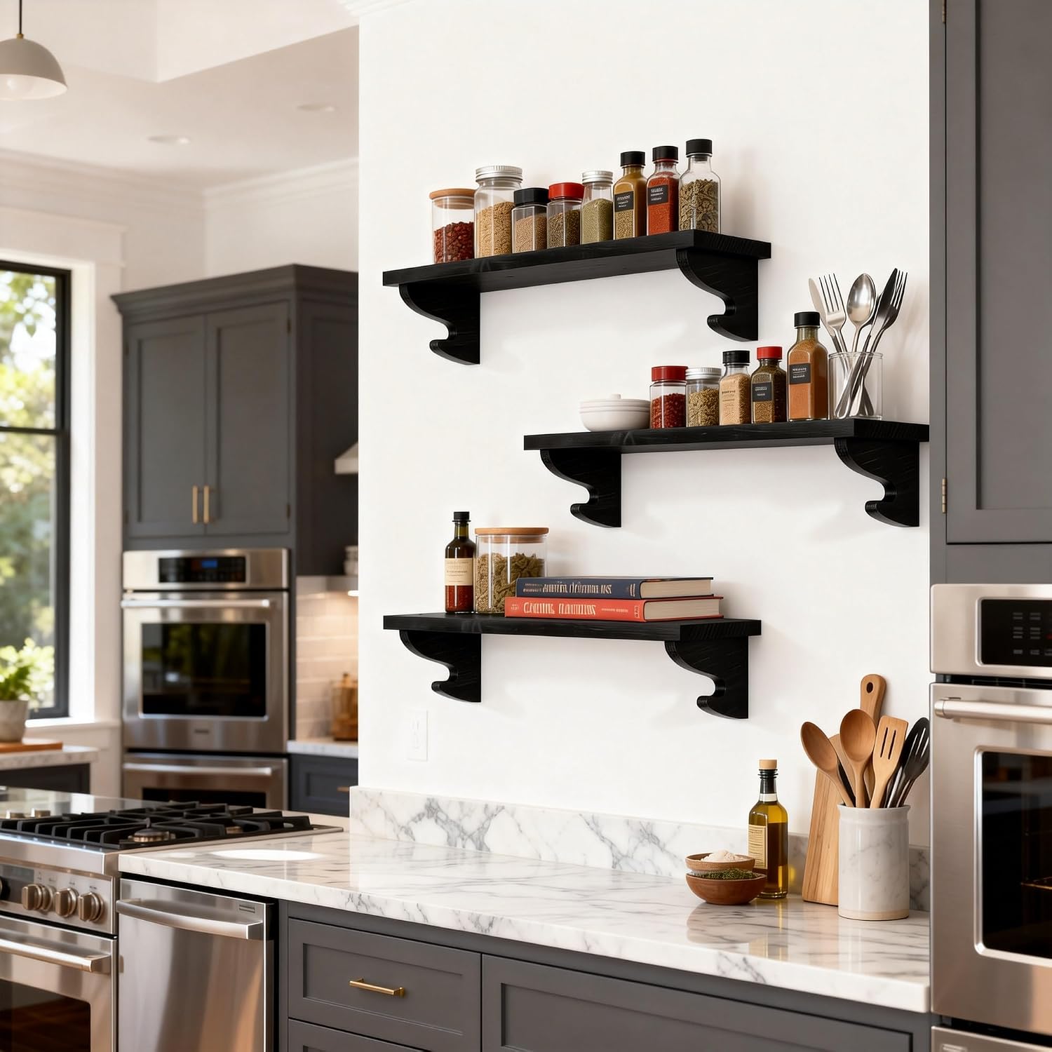 Floating Shelves / Solid Wood Shelves Wall Mount / Black / 17 Inch / Set of 3