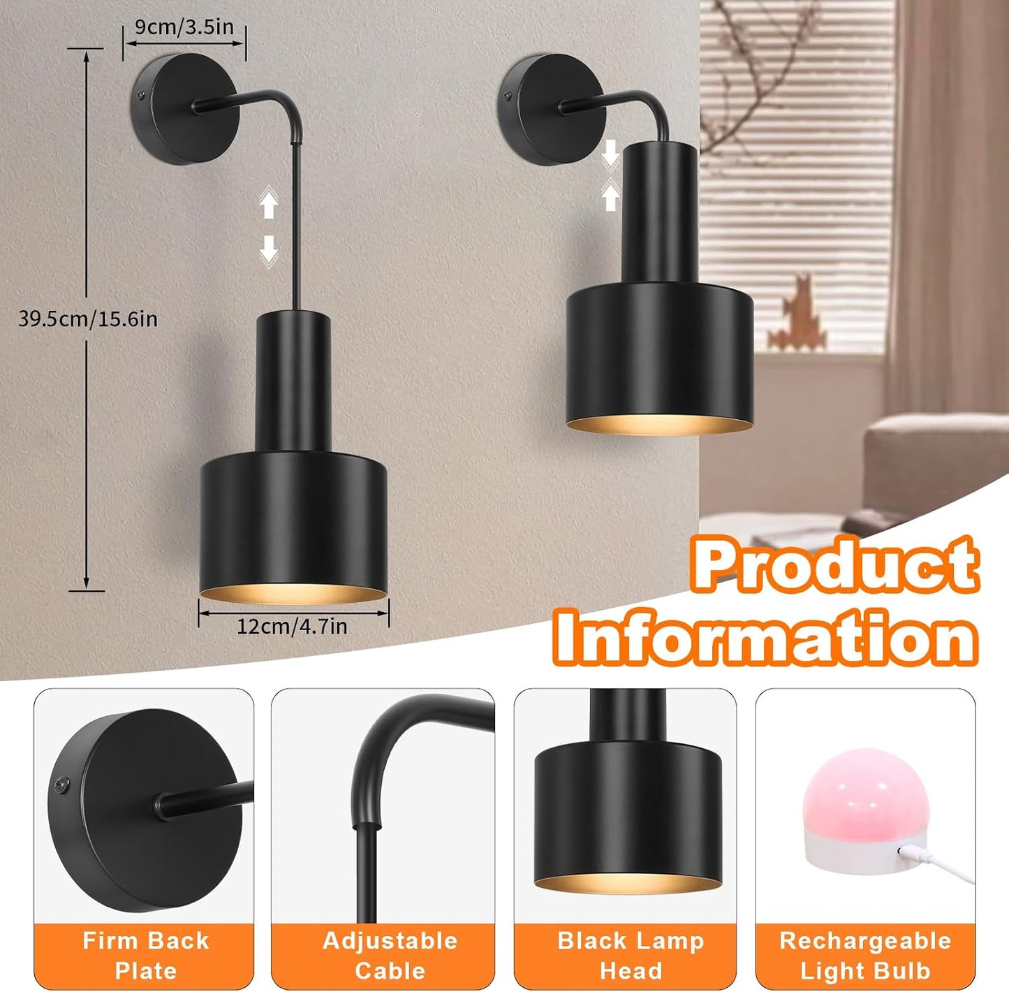 VerRon Rechargeable Wireless Battery Operated Wall Sconces Set of Two | Black Battery Powered Light with Dimmable
