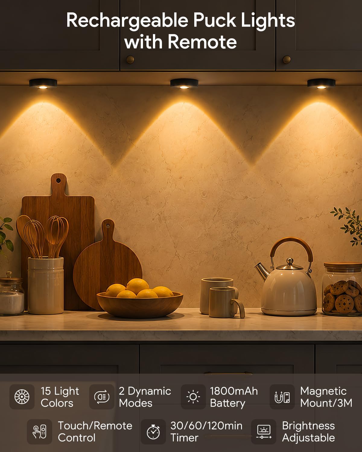 Yiliaw Under Cabinet Rechargeable Puck Lights with Remote Control,Multi-Use Under Cabinet Lighting for Kitchen