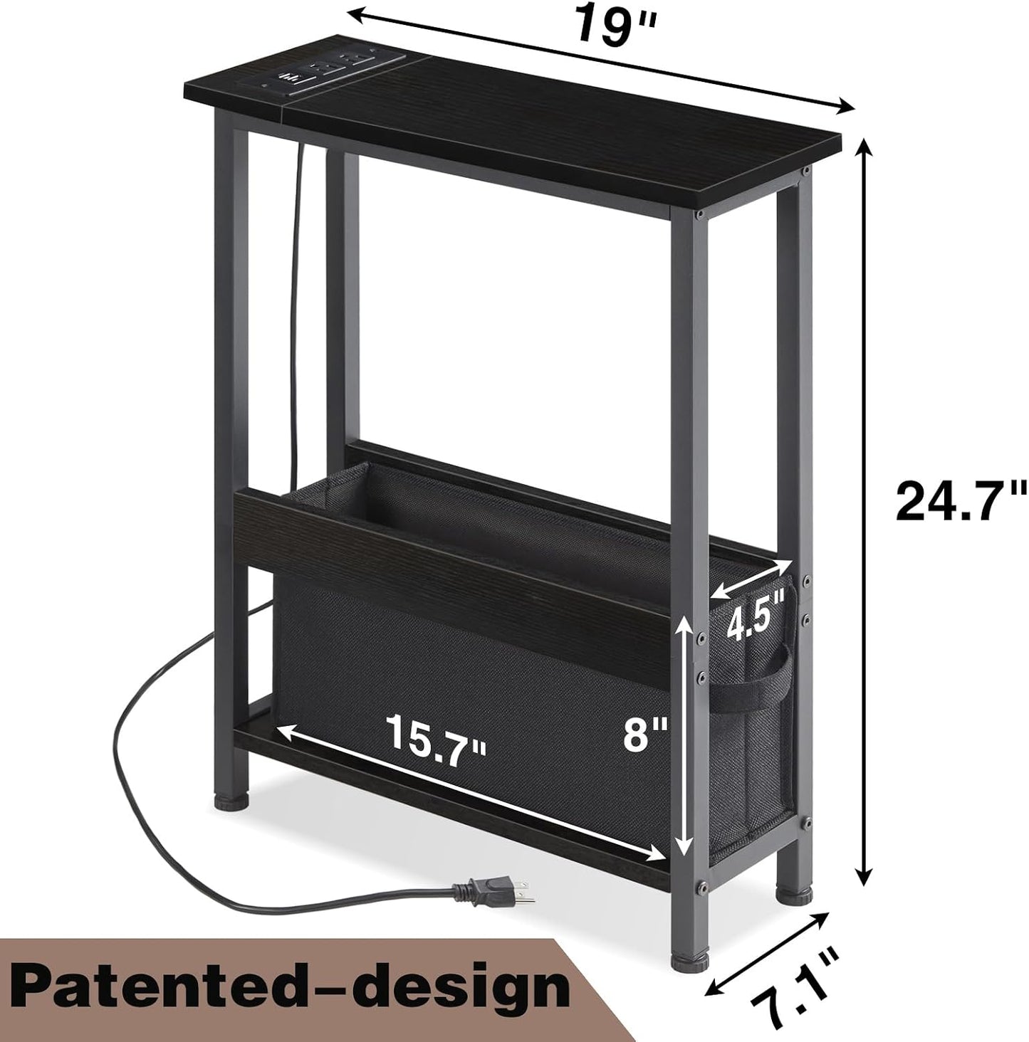 BAMGROW Slim Charging End Table with Storage - for Small Spaces and Bedroom (Black)