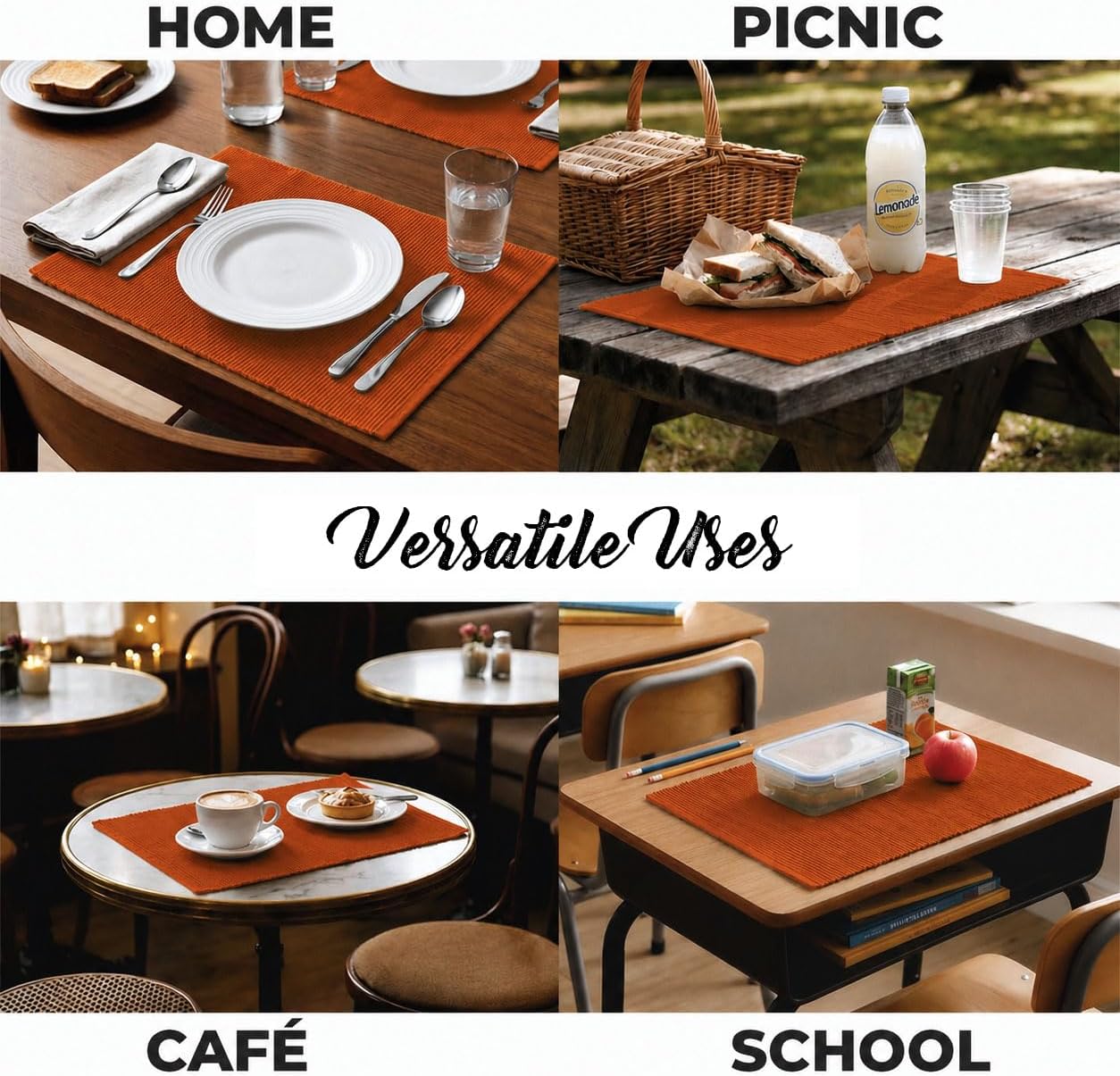 100% Cotton Ribbed Placemats - Set of 4-13 x 19 Inches - Rust/Burnt Orange - Everyday/Thanksgiving/Fall - Thick