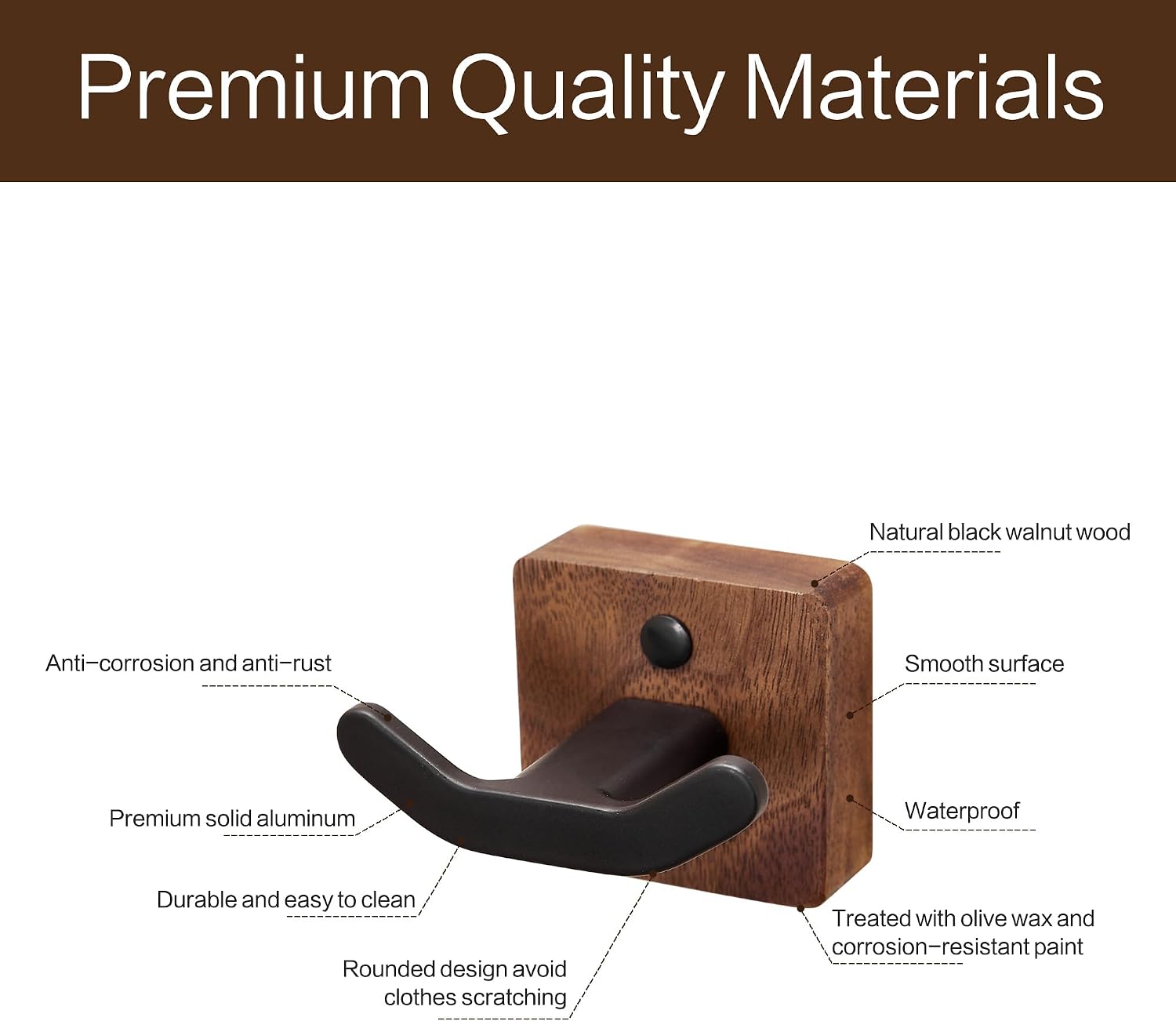 Modern Coat Hooks Wood Black Metal Decorative Backpack Hanger Wall / Black Walnut / Set of 3