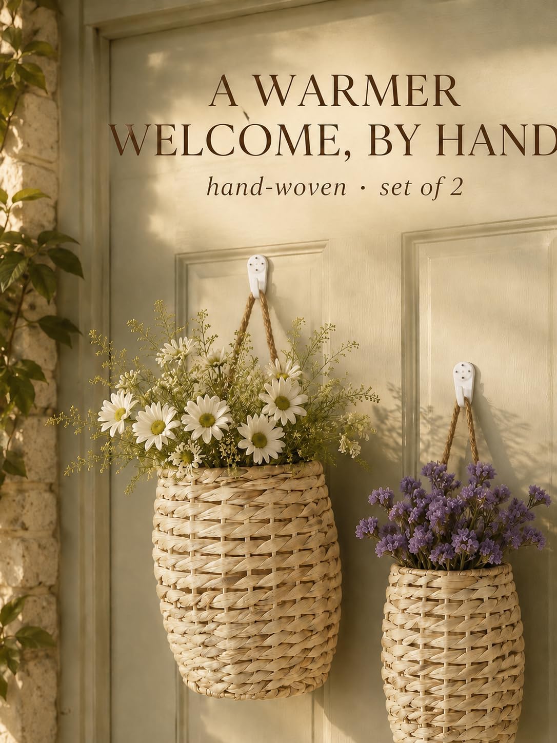 Hand-Woven Boho Front Door Basket for Flowers / Set of 2