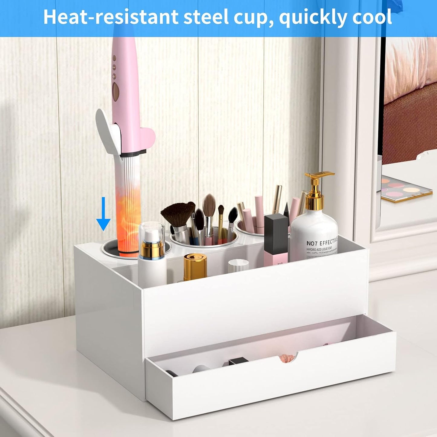 NIUBEE Acrylic Hair Tool Organizer with Drawer, Hair Dryer Holder Organizer | White, Hot Tools Organizer Countertop
