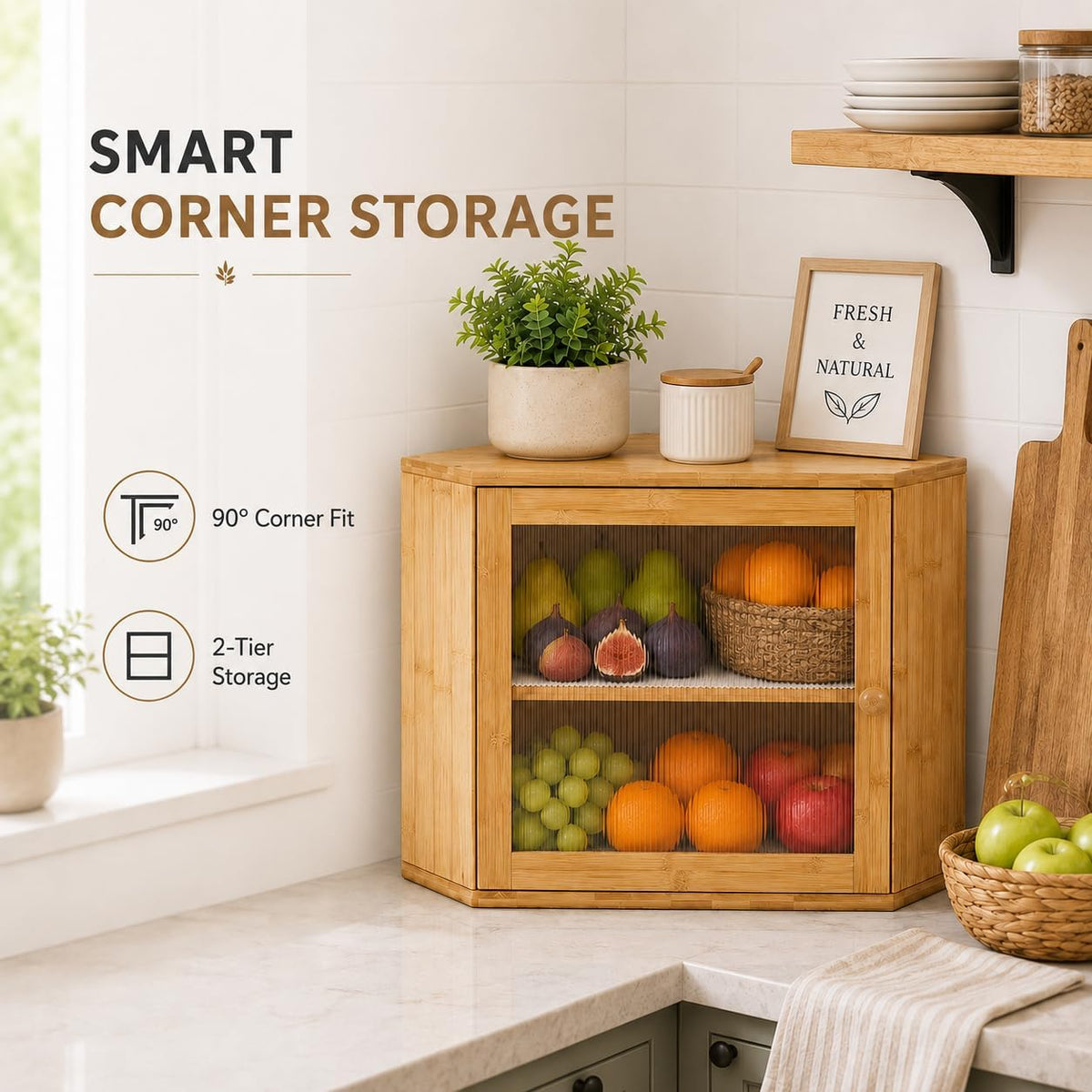 BAMBANG Corner Bread Box for Kitchen Countertop, Large Capacity Bamboo Wood Bread Storage Container, 2 Tier Farmhouse