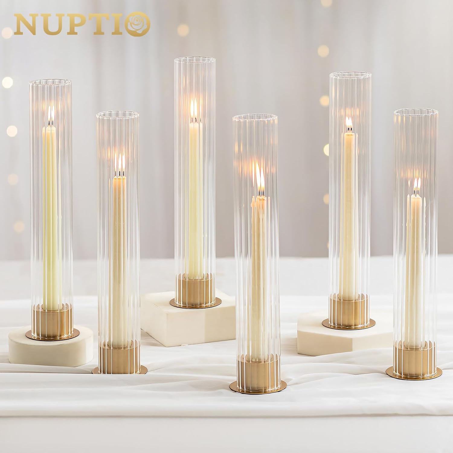 NUPTIO Hurricane Glass Candle Holders, Set of 10 Gold Taper Candle Holders | Fluted Glass Cylinders, Metal Base Design
