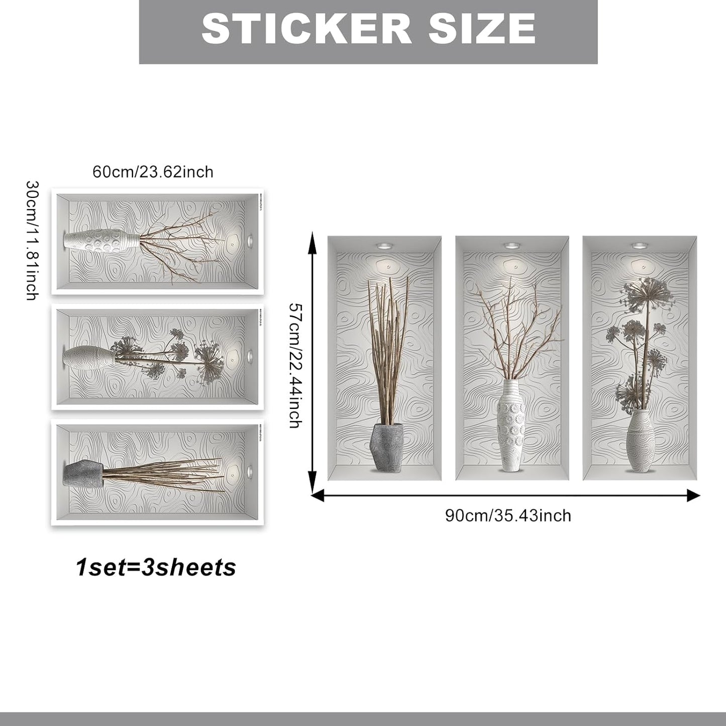 3D Vase Art Wall Stickers Self-Adhesive Potted Wall Decals / Grey Branch
