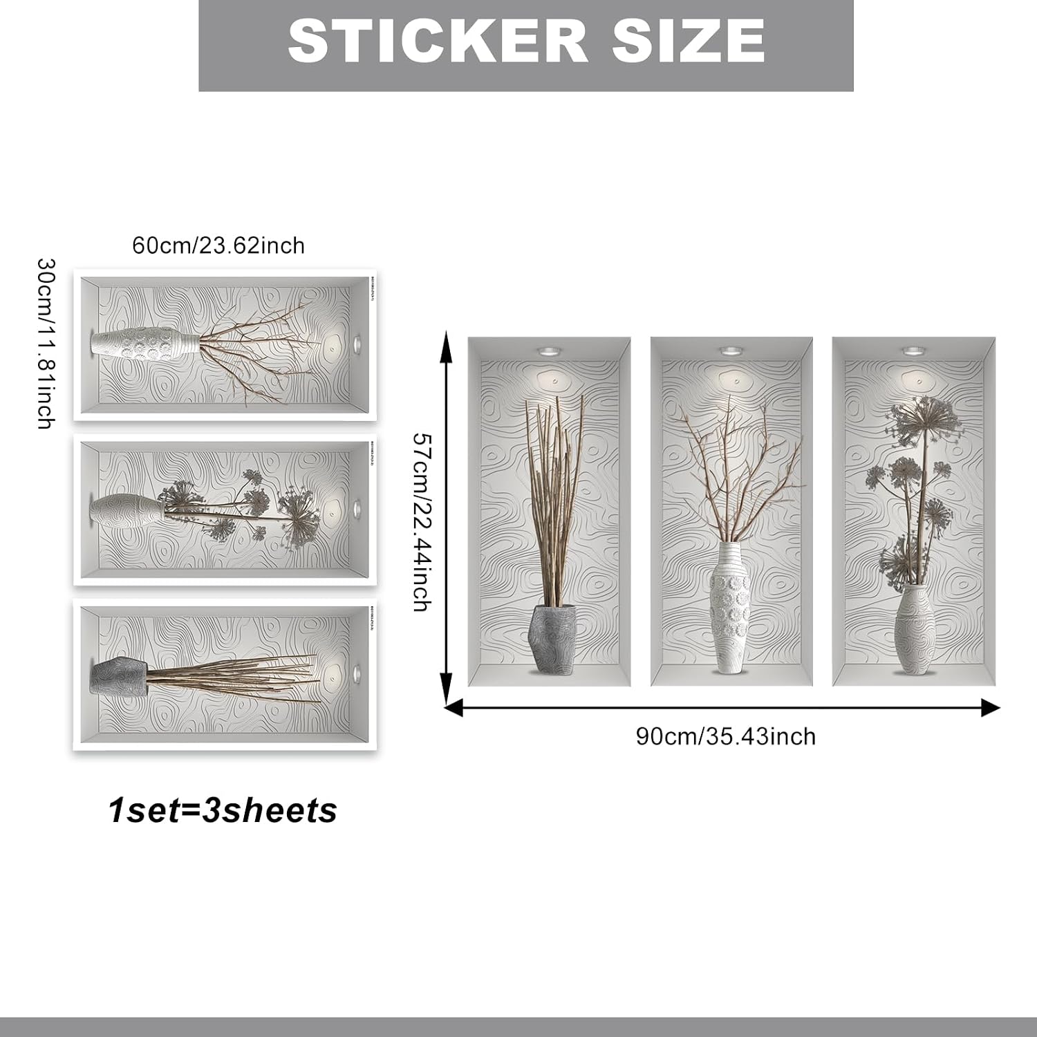 3D Vase Art Wall Stickers Self-Adhesive Potted Wall Decals / Grey Branch