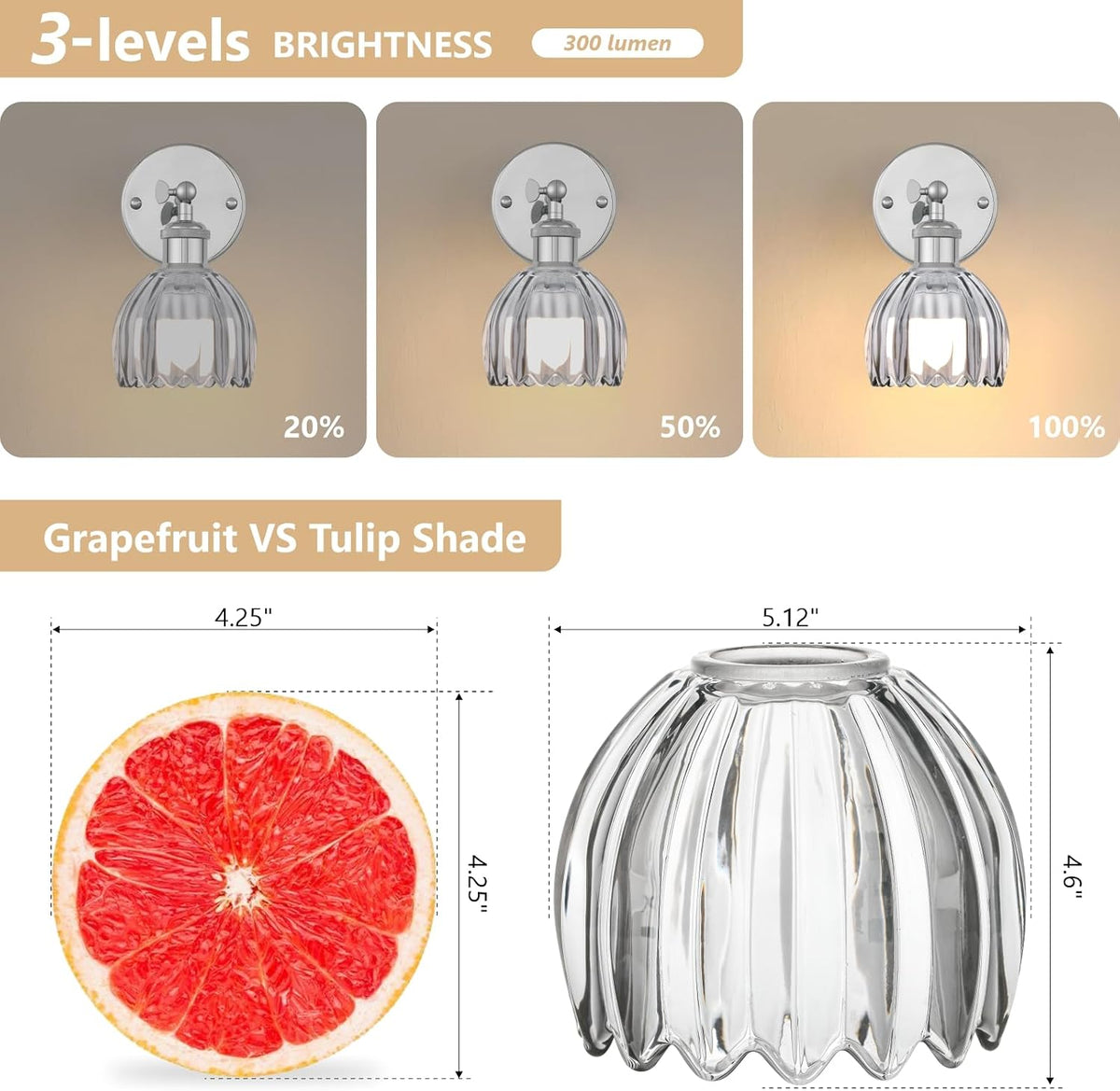 Vintage Battery Operated Wall Sconce, Smoky Gray Tulip Glass Lampshade Wireless Rechargeable Battery Powered LED Wall