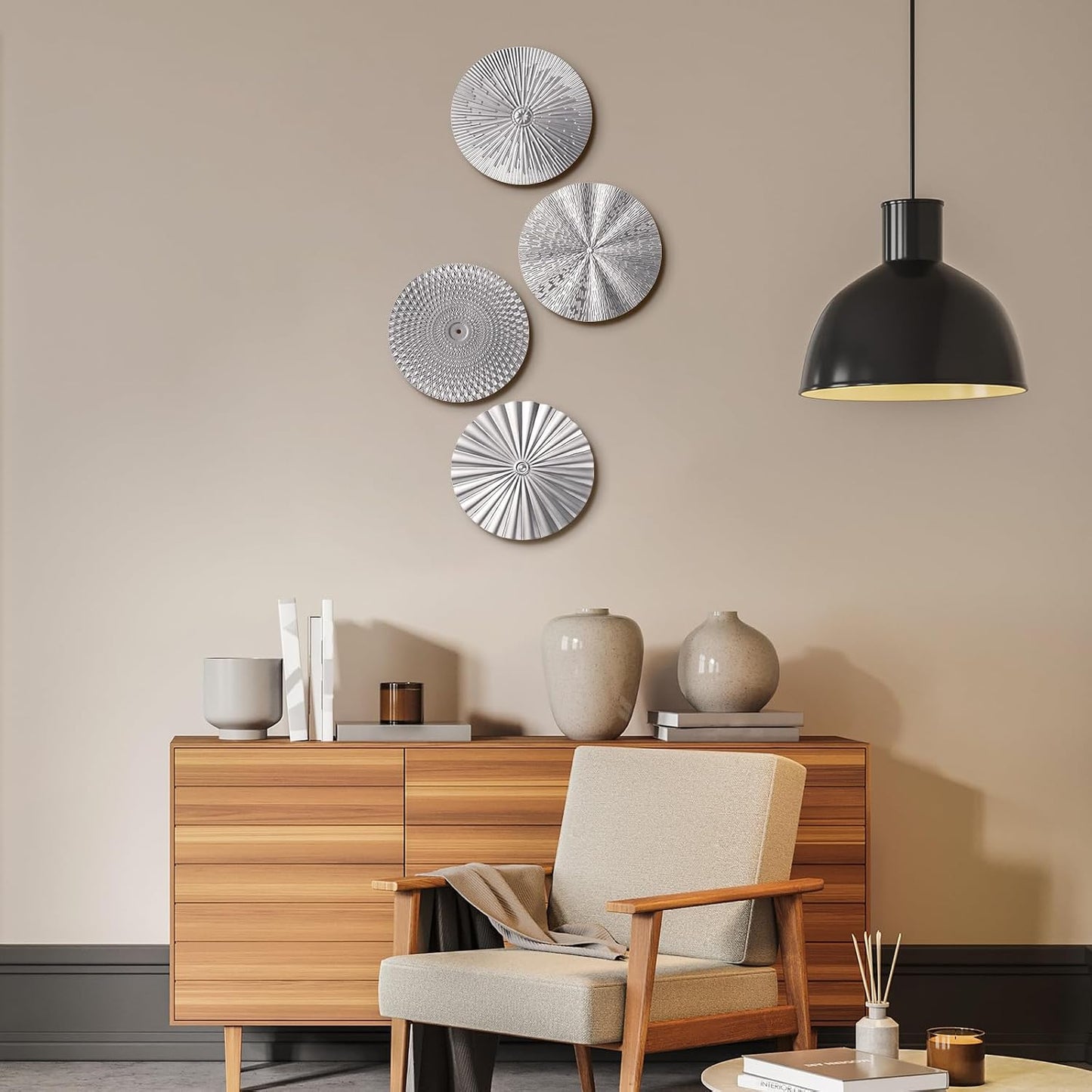 Metal Wall Art Decor Modern Sunburst Hanging Artwork Decor Wall / Silver / 12 Inch / Set of 4