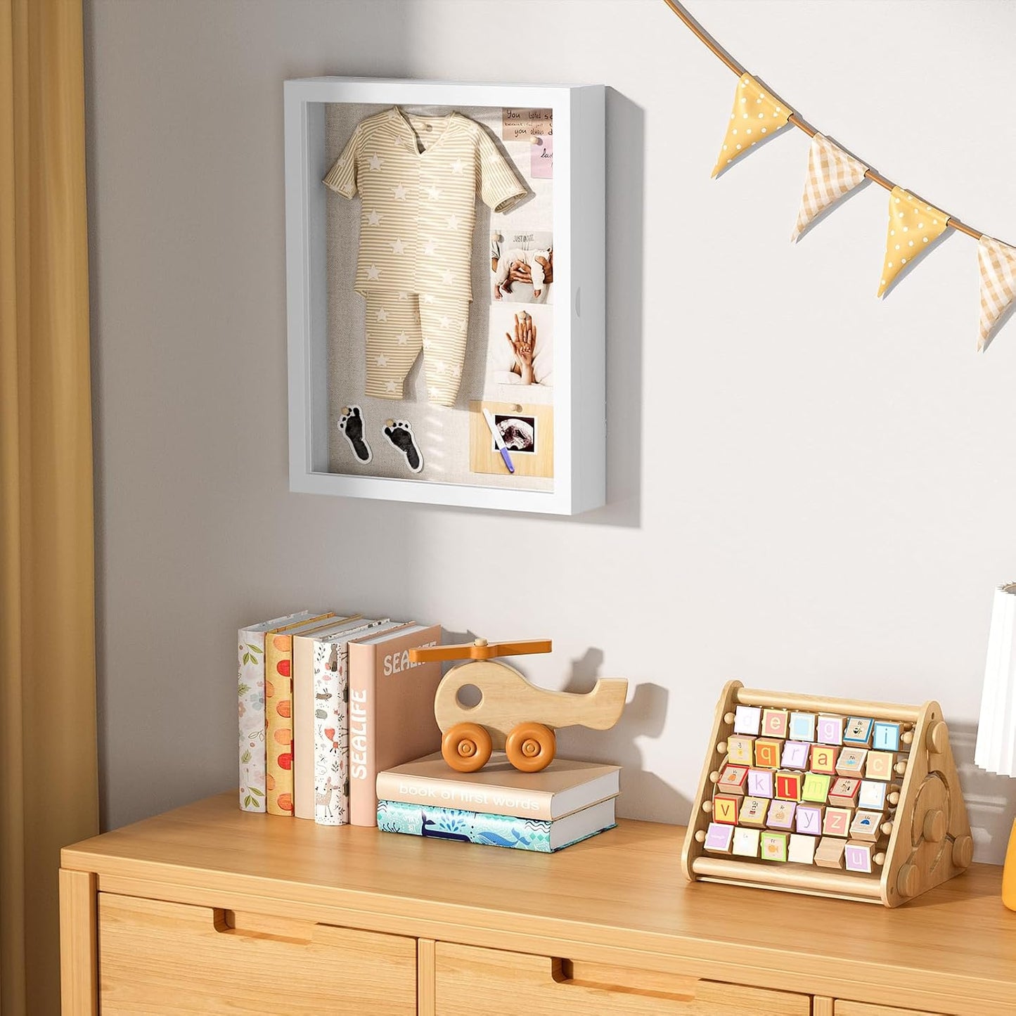 Love-KANKEI Deep Large Shadow Box 13x16.5,Solid Wood Frame,Memory Box,White | Front-Opening Glass Magnetic Door,Linen
