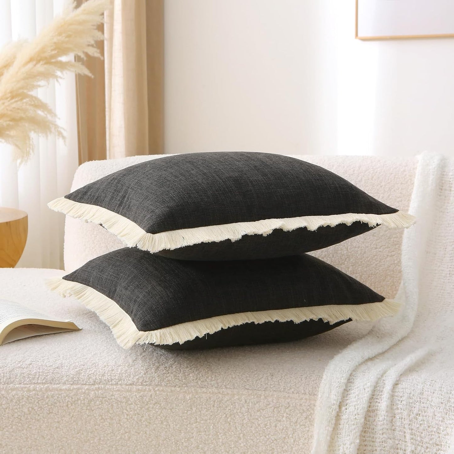 Boho Burlap Decorative Throw Pillow Covers / Black / 18 x 18 / Set of 2