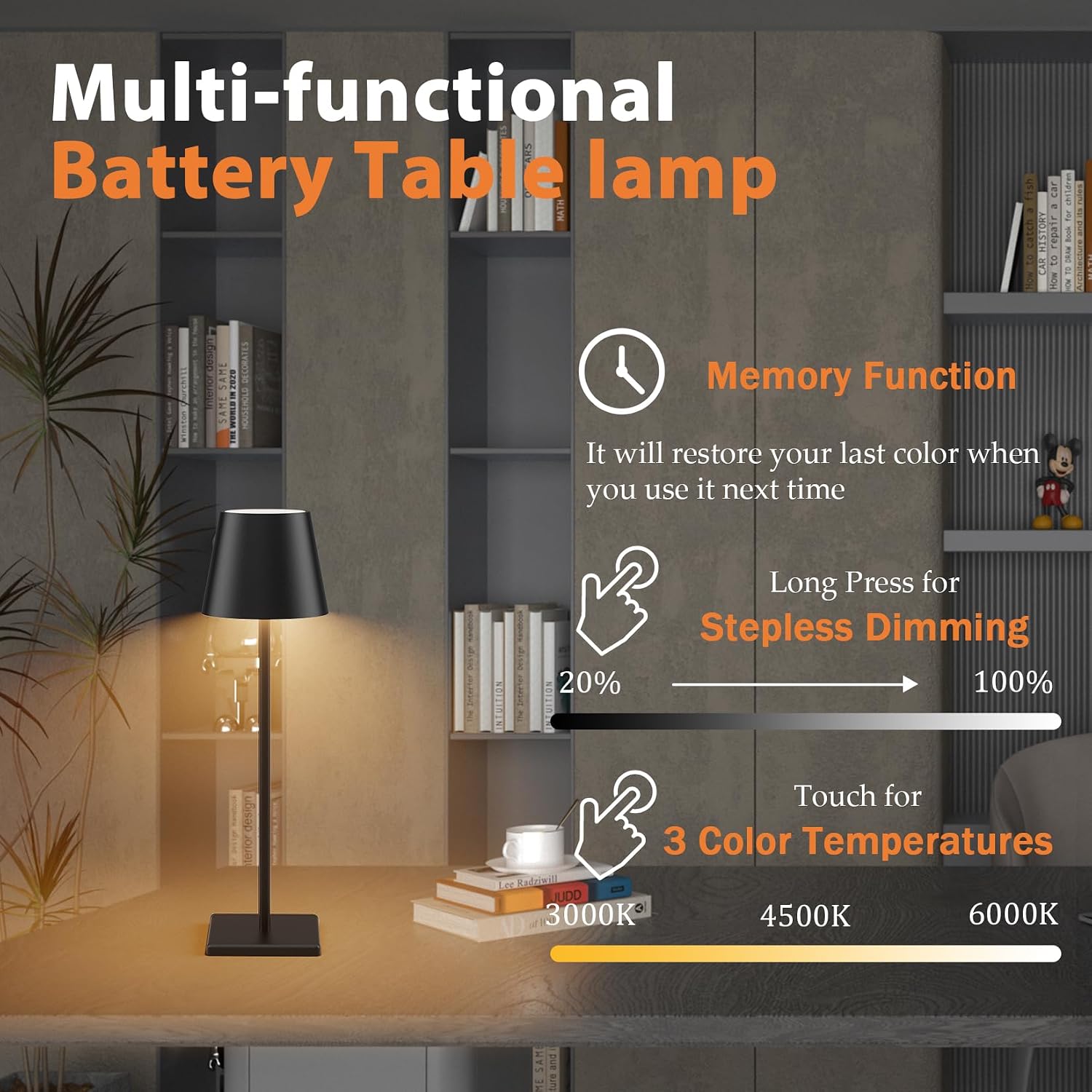 2 Pack Cordless LED Table Lamp Black, 5500mAh Battery Powered Table Light, 3 Color Temperatures Stepless Dimmable