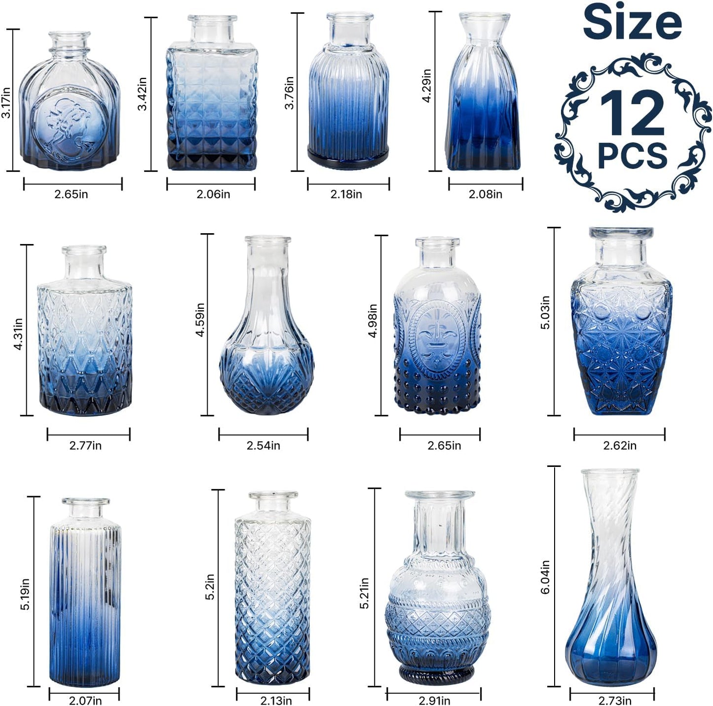 Clear Glass Bud Vase Pcs / Gradient Blue / Set of 12