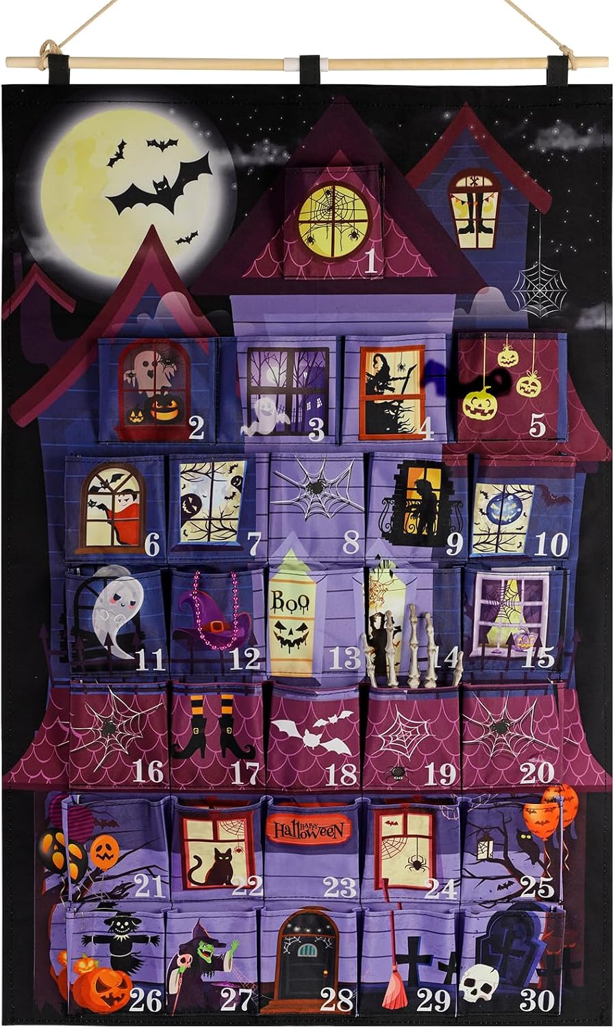 HOWAF Halloween Advent Calendar Haunted House Wall Hanging, 30 Days Countdown to Halloween Fabric Calendar with 30 Pockets, Spooky Castle Design Halloween Countdown Decor for Gifts Filling