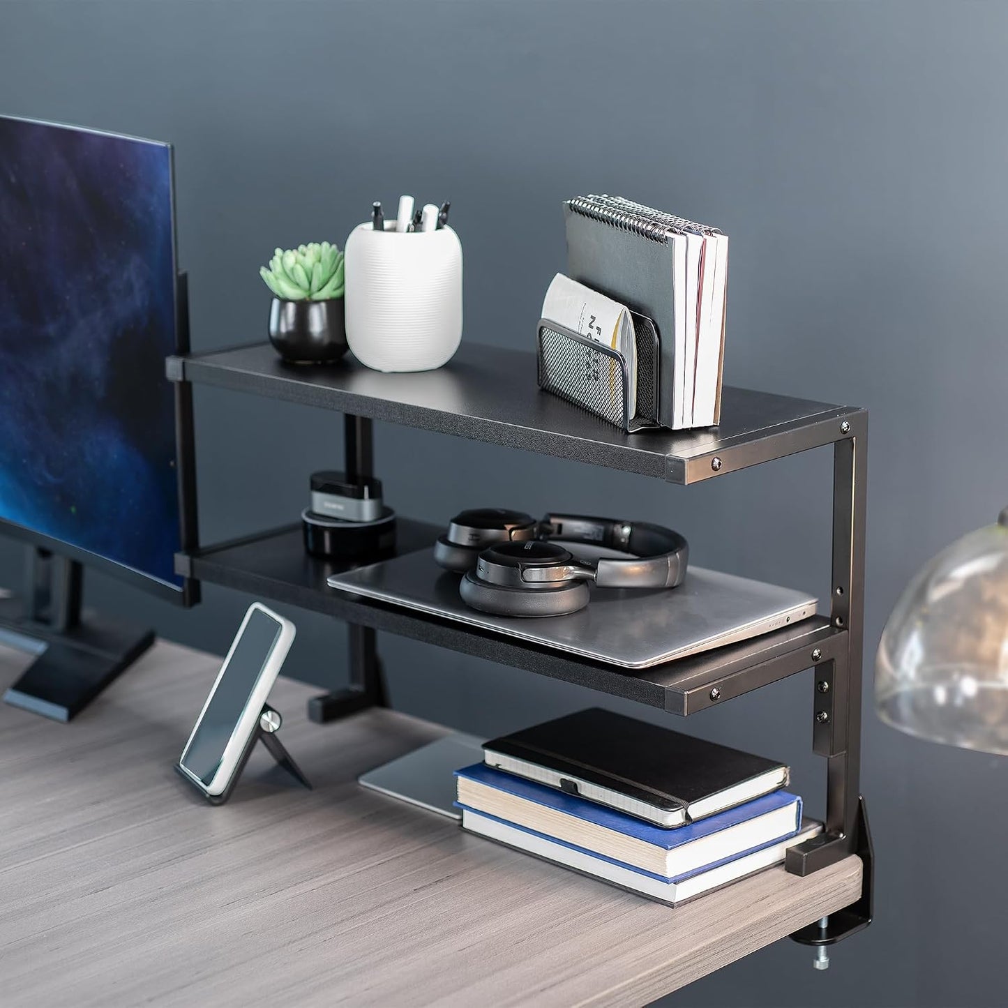 VIVO Black Clamp-on 24 inch 2-Tier Desk Shelf, STAND-SHELF24C | Above or Below Desk, 2 Level Shelving Unit for Table
