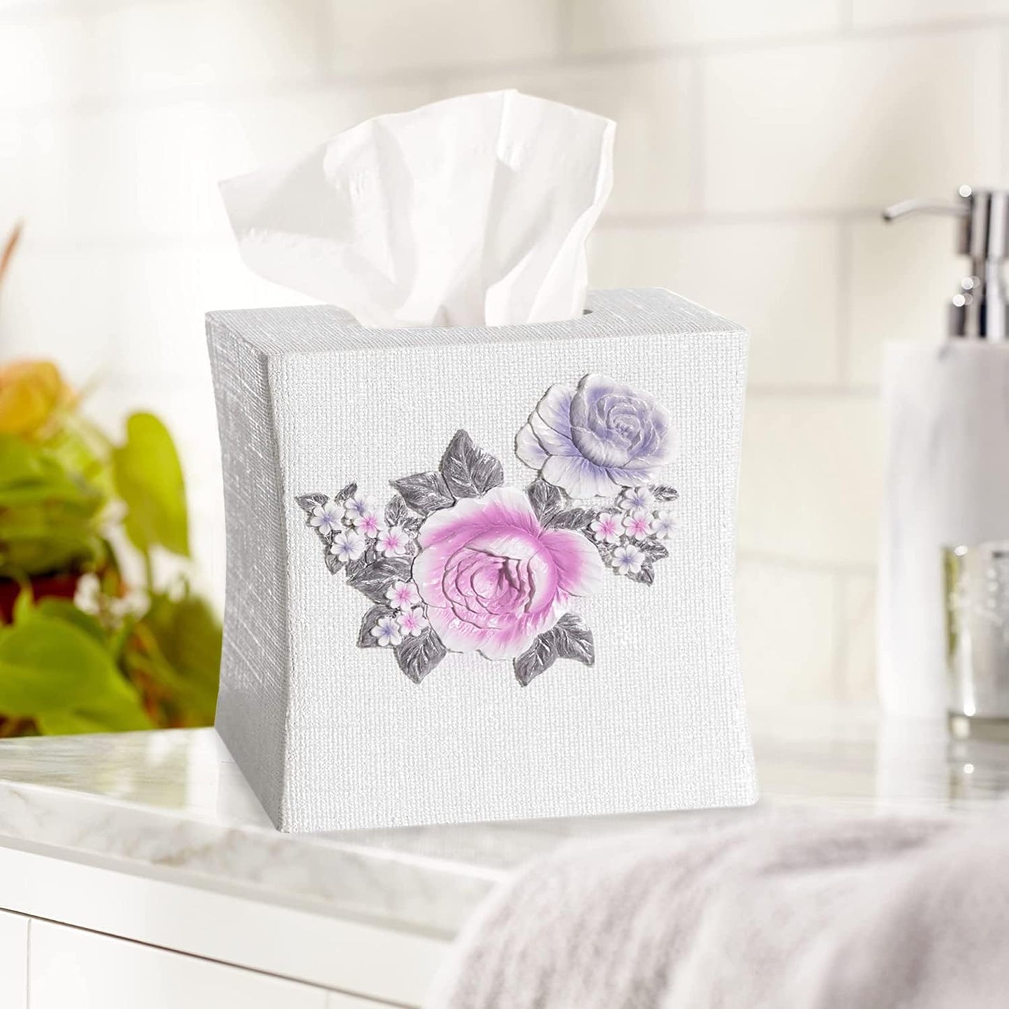 Zahari Home 2pc Michelle Bathroom Set Waste Basket & Tissue Cover Modern Classic Decor Stylish Unique Design Beautiful