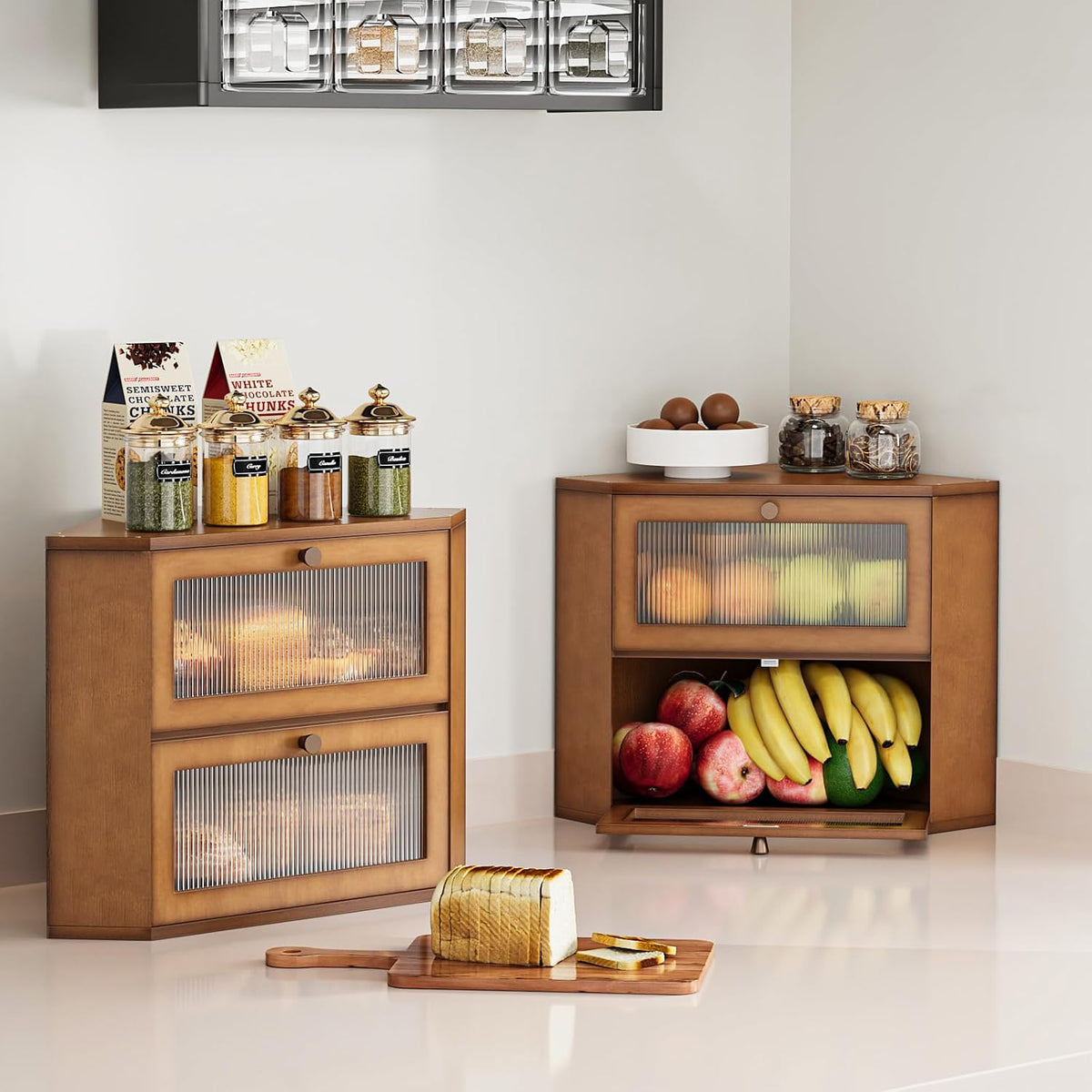 Trironsun Corner Bamboo Bread Box for Kitchen Counter Double Layer Bread Storage Container Large Capacity Bread Storage