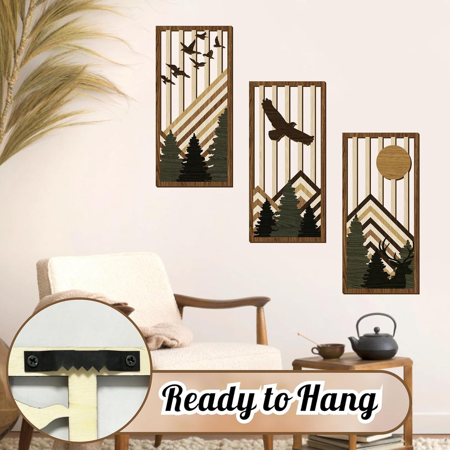 Wooden Boho Mountain Wall Art Mid Century Modern Wall Decor Nature / Brown Mountain / Set of 3