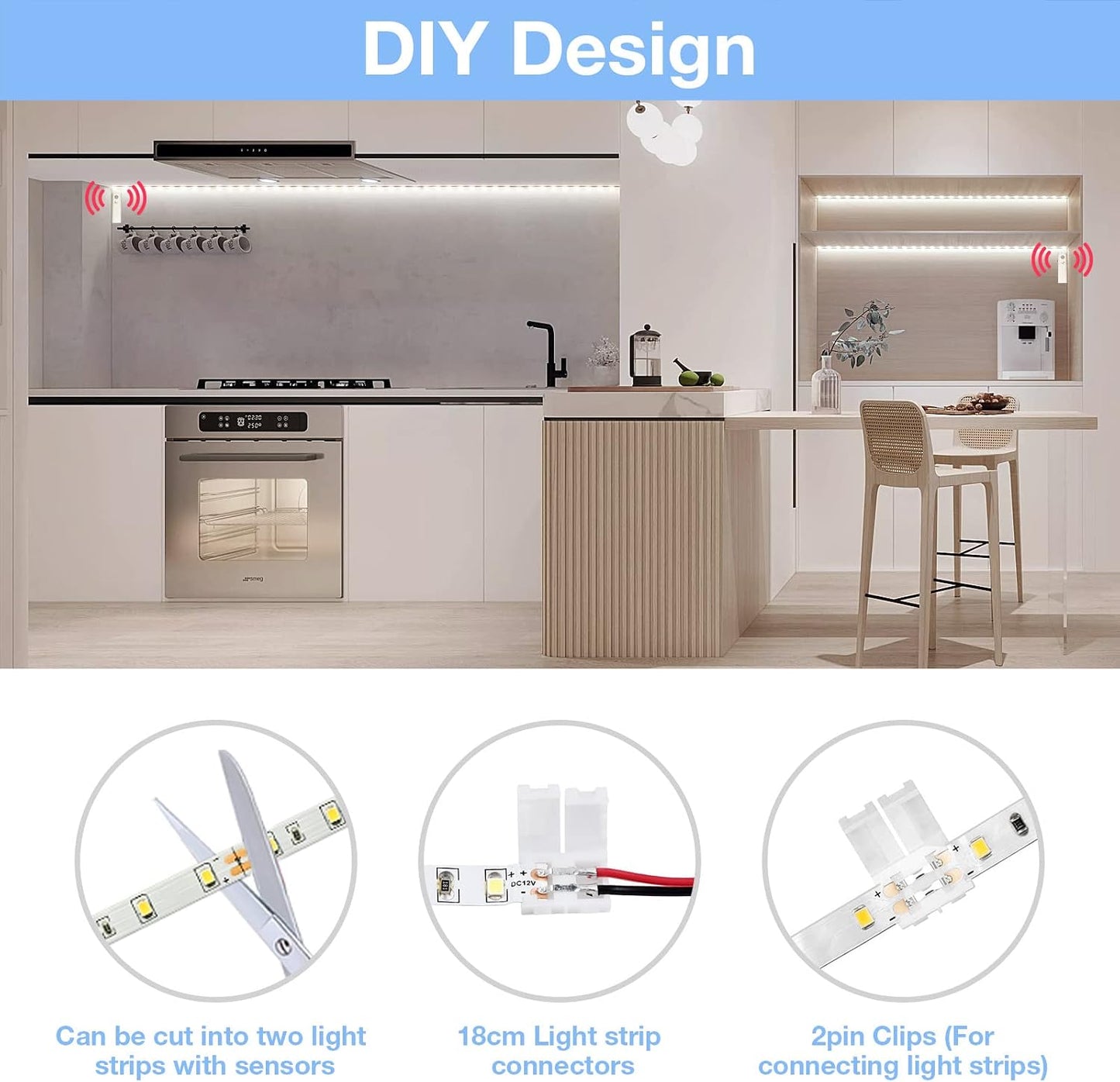 WOBANE 16.4ft Dual Motion Sensor Stair Lights Strip, Rechargeable LED Strip | 150 LEDs Cuttable Tape Lighting for