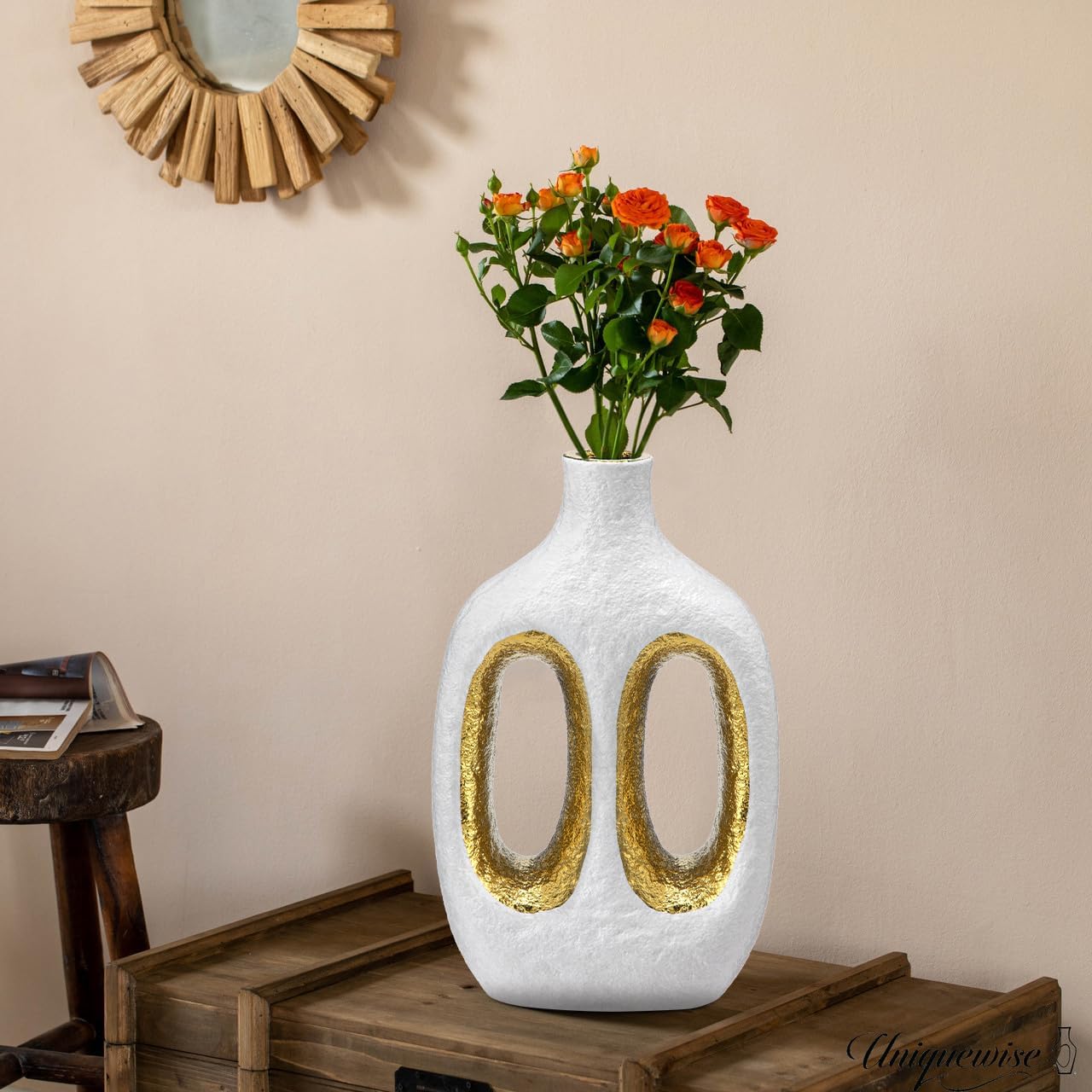 Modern Ceramic Vase Black Vases for Centerpieces Shelf / Double Hole / White + Gold / 9.4 Inch