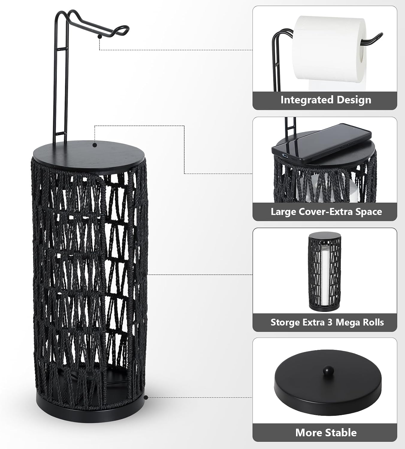 Black Freestanding Toilet Paper Holder with Storage,3 Rolls of Tissue Holder for Bathroom,Handmade Woven Toilet Paper
