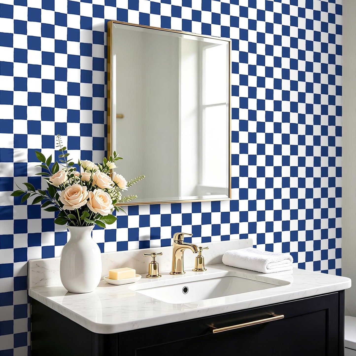 Checkered Peel and Stick Wallpaper Vintage Checker Wallpaper / 17.5 x 120 / Blue