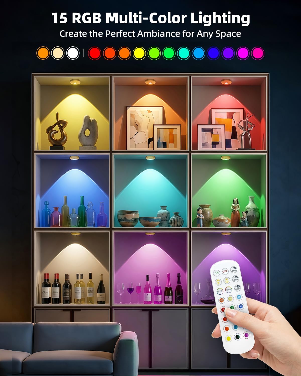 RGB Rechargeable Puck Lights with Remote Control, 1500mAh Battery Operated Tap Lights, Dimmer & Timer Under Cabinet
