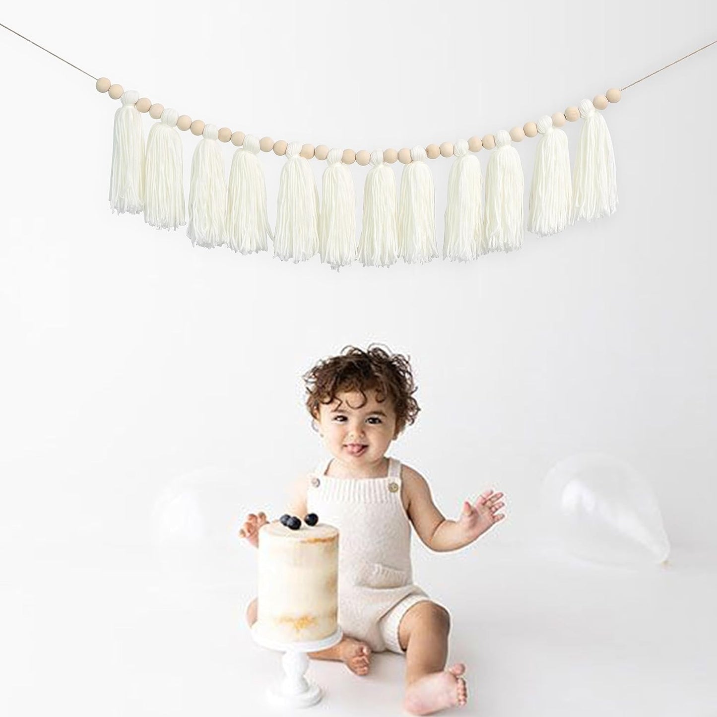 Cream Wood Bead Tassel Garland Boho Decor / White Cotton