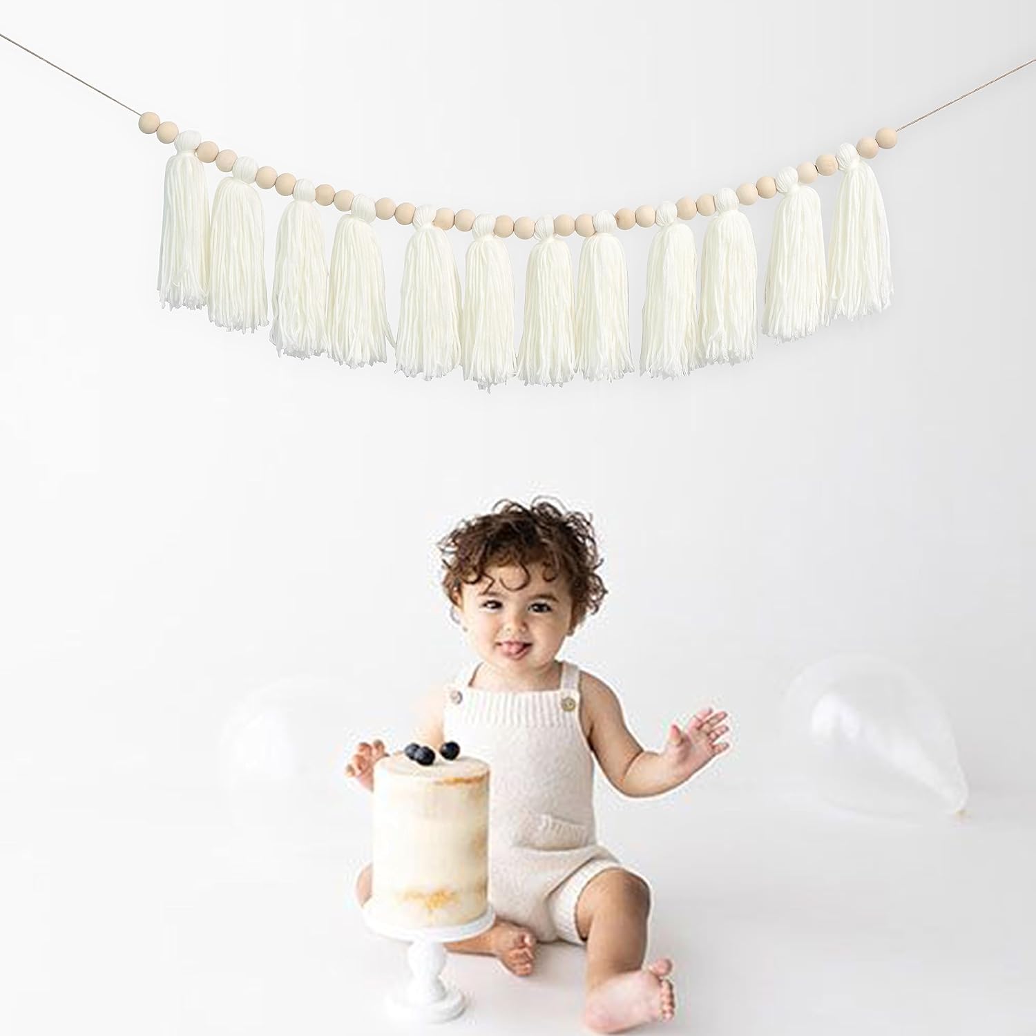 Cream Wood Bead Tassel Garland Boho Decor / White Cotton