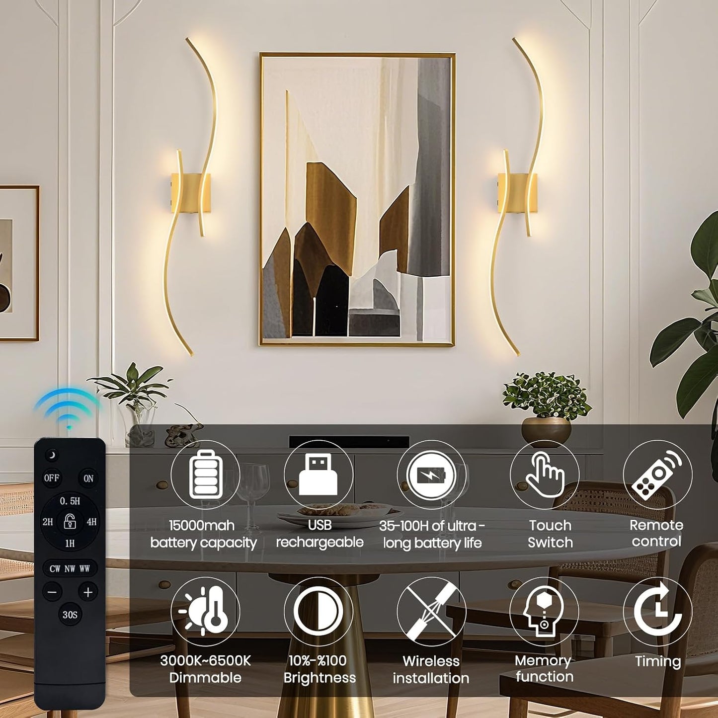 CANEOE Battery Operated Wall Sconce Set of 2, 18000mAh Gold Rechargeable Wall Lights with Remote Control,3000K-6000K
