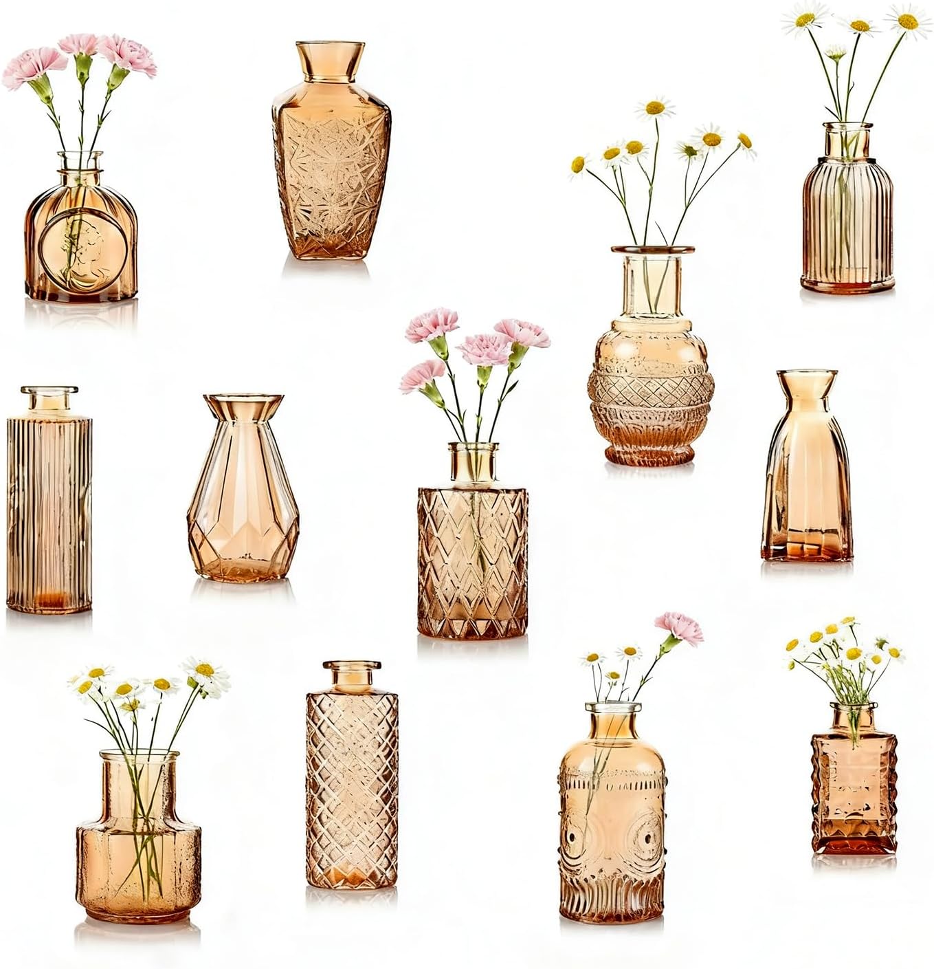 Small Mini Glass Vases for Centerpieces / Amber / Set of 12