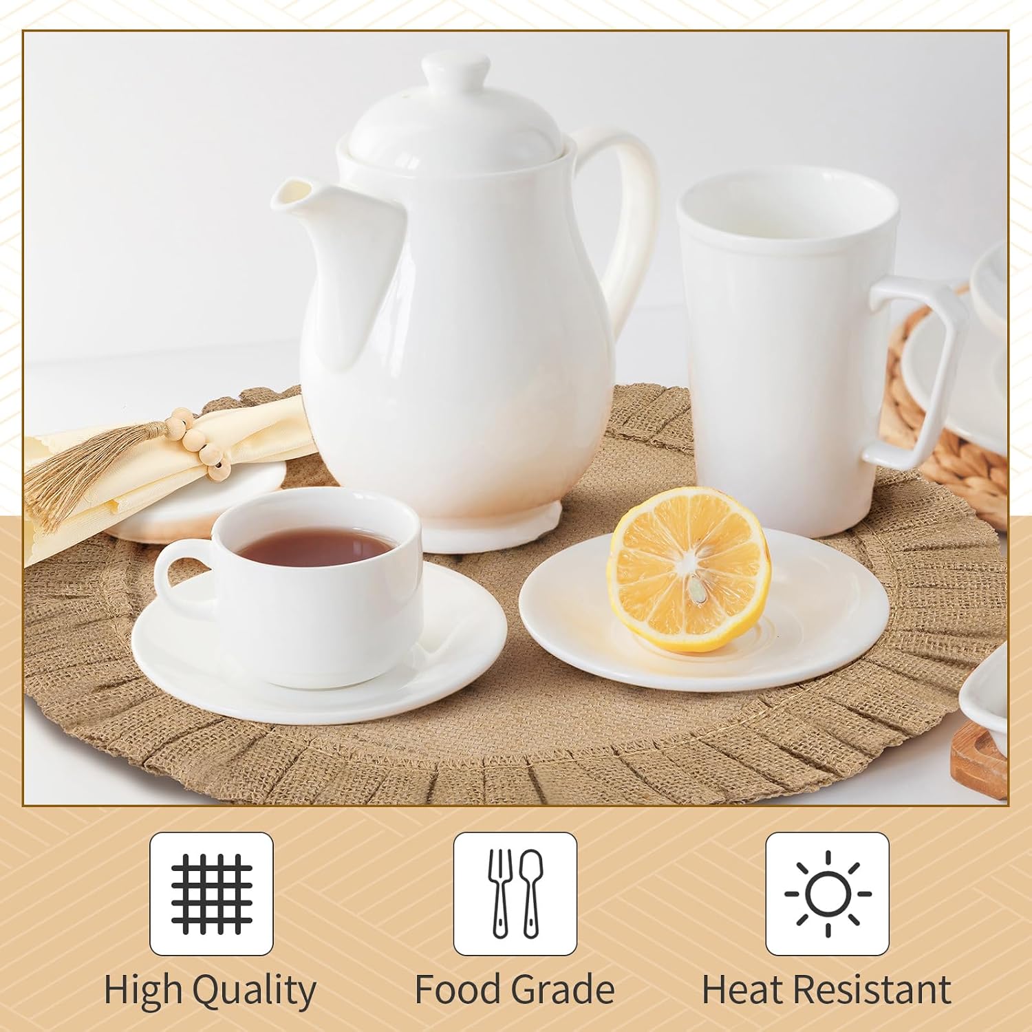 Gejoy 36 Pcs Burlap Placemat Wood Napkin Ring Dinner Napkin, Natural | Round Heat Resistant Jute Mats Wooden Bead