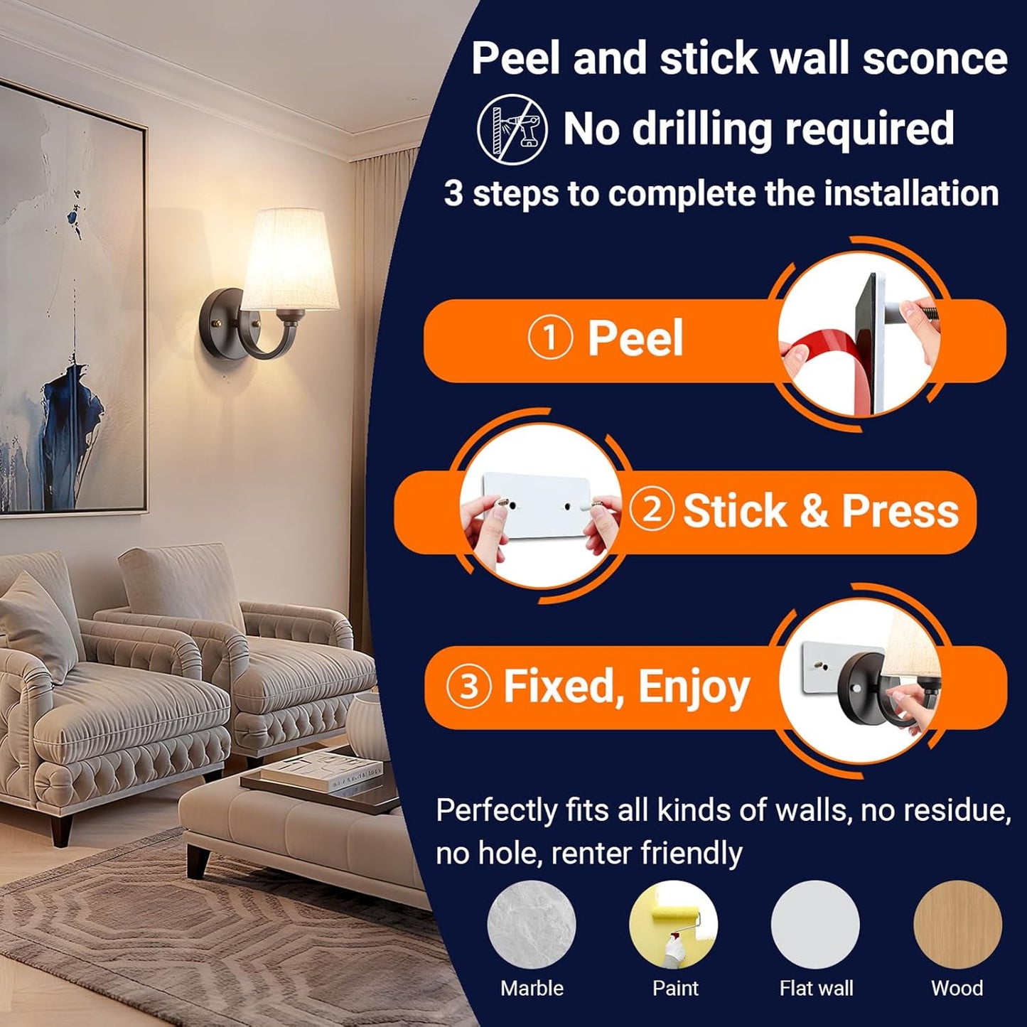 YHCDLAMP Peel and Stick Wall Sconces, No Drilling Stick On Wall Sconce, Wireless Battery Operated Wall Lights, Adhesive