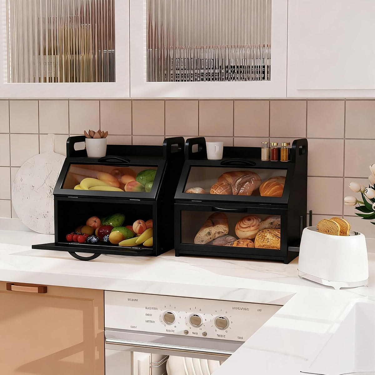 BAMBANG Bread Box for Kitchen Countertop, Extra Large Double Layer Bamboo Breadbox with Clear Window, Farmhouse Wooden
