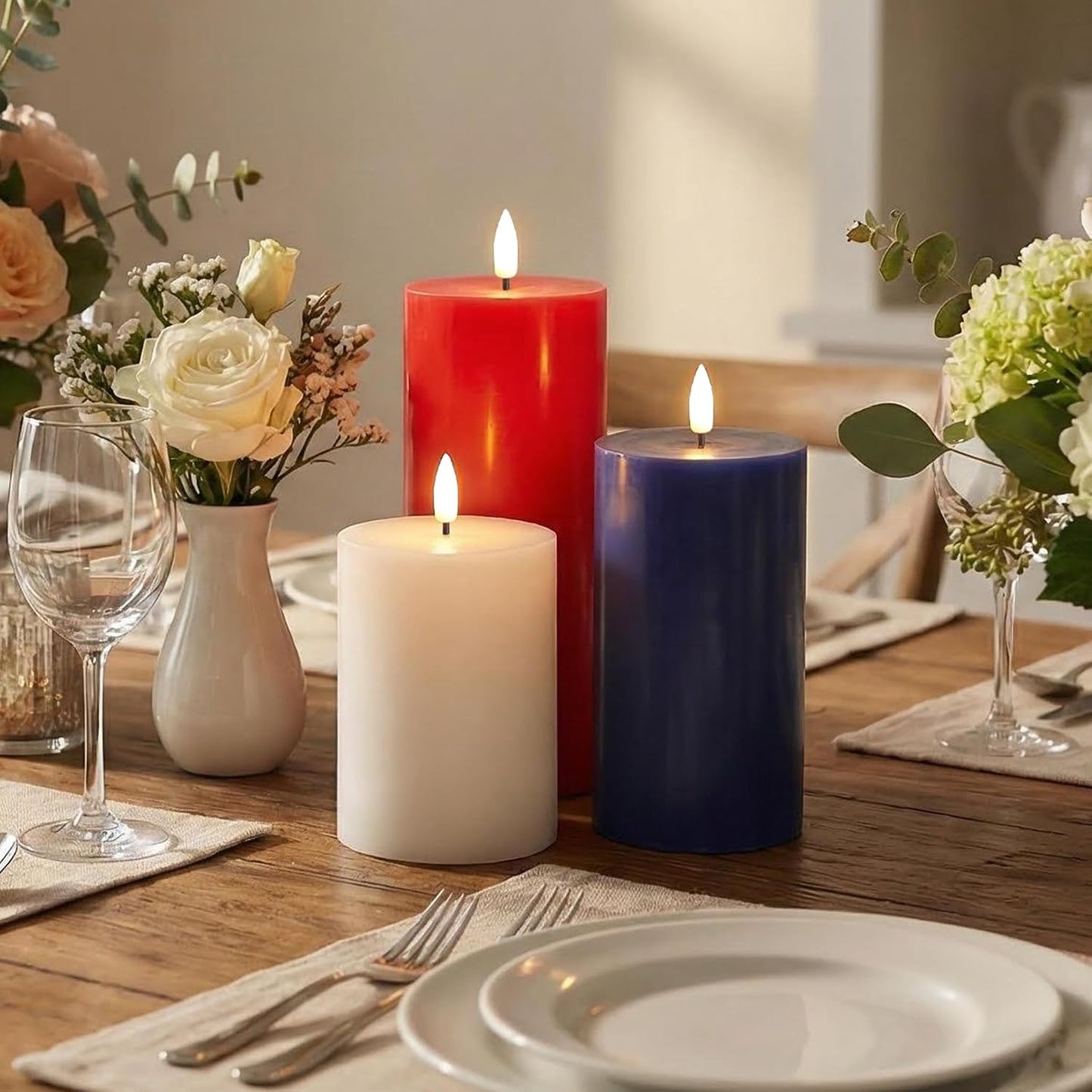 Red White Blue Patriotic Flameless Pillar Candles with Remote Set of 3 | Flickering LED Wax Candles, Flat Top, 2 AA