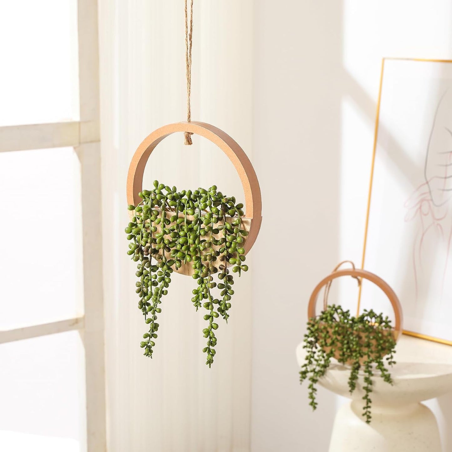 Fake Hanging Plants Artificial Succulents Hanging Planter Artificial String / Wooden / Set of 2