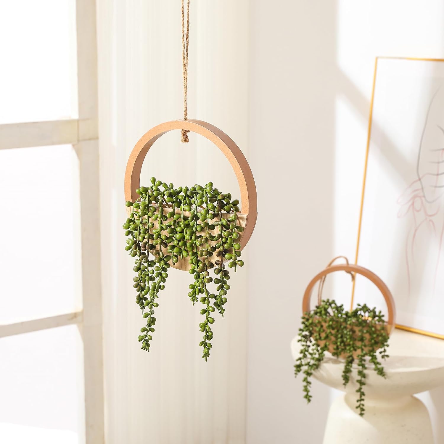 Fake Hanging Plants Artificial Succulents Hanging Planter Artificial String / Wooden / Set of 2