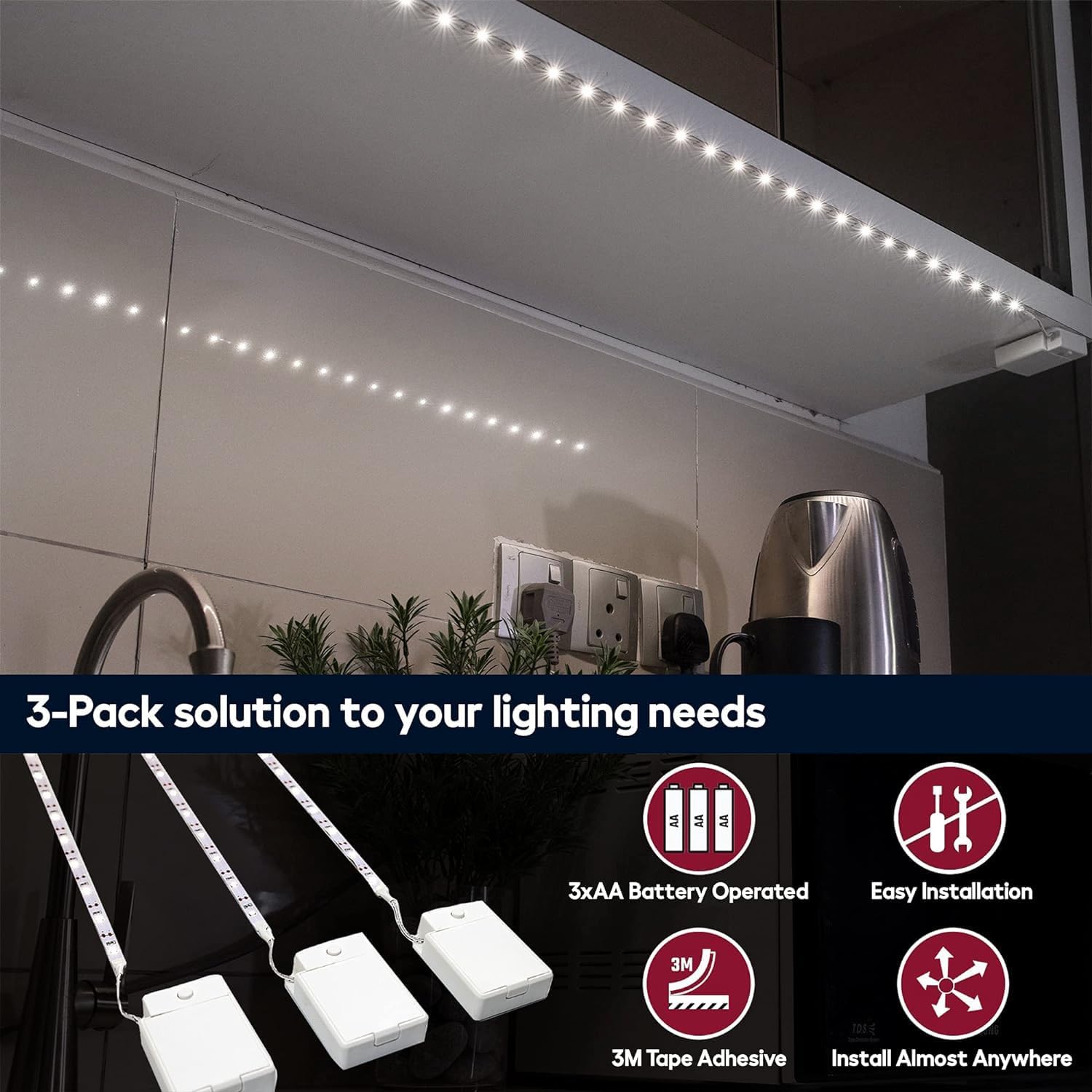 BestLuz Battery Powered LED Strip Lights, 3 Pack 40 Inch Cordless White LED Light Strips for Shelves and Under Cabinet