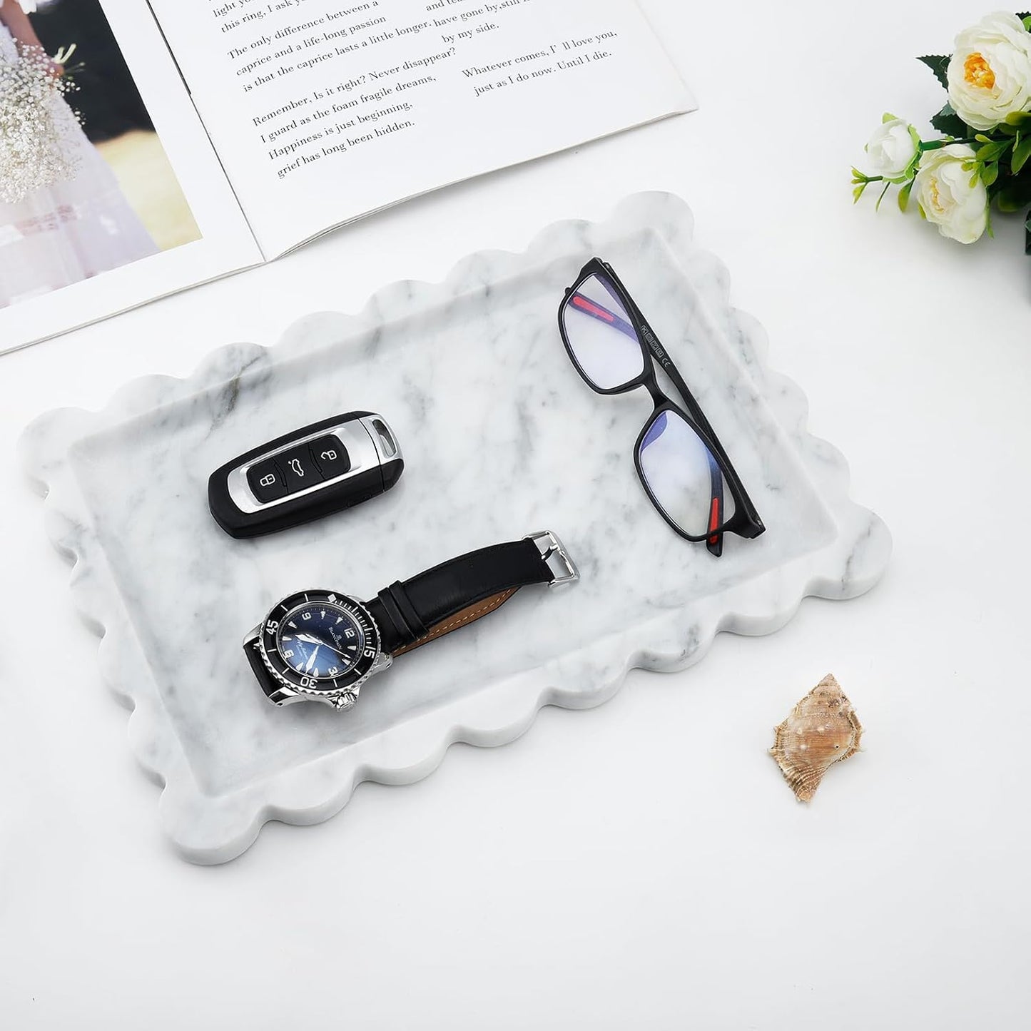 Real Natural Scalloped Marble Tray / White / 12 x 8 x 0.7