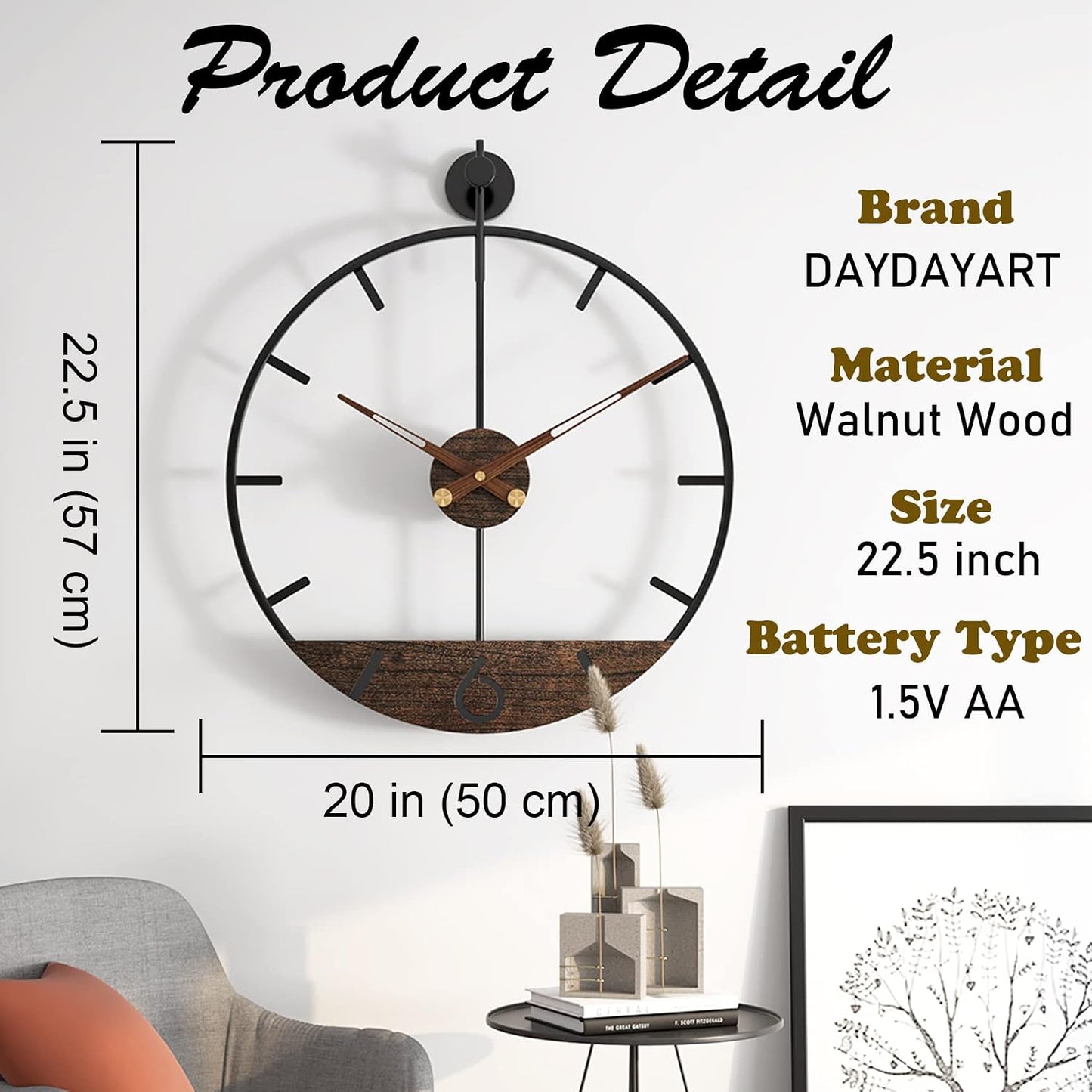 Modern Wood Walnut Dial Wall Clock, Large Simple Wall Decor Metal Frame Silent Non Ticking Clock for Living Room Decor