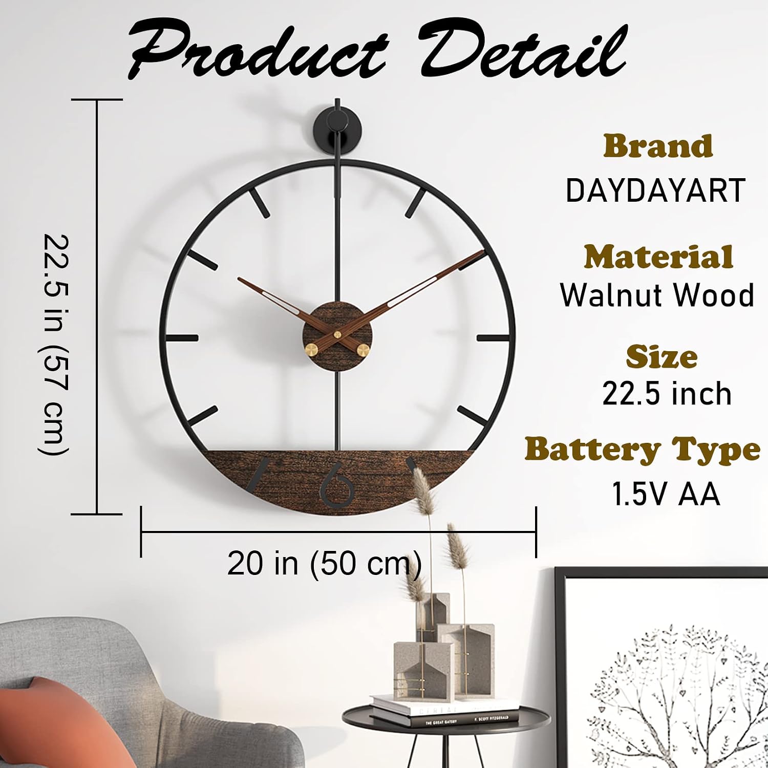 Modern Wood Walnut Dial Wall Clock, Large Simple Wall Decor Metal Frame Silent Non Ticking Clock for Living Room Decor