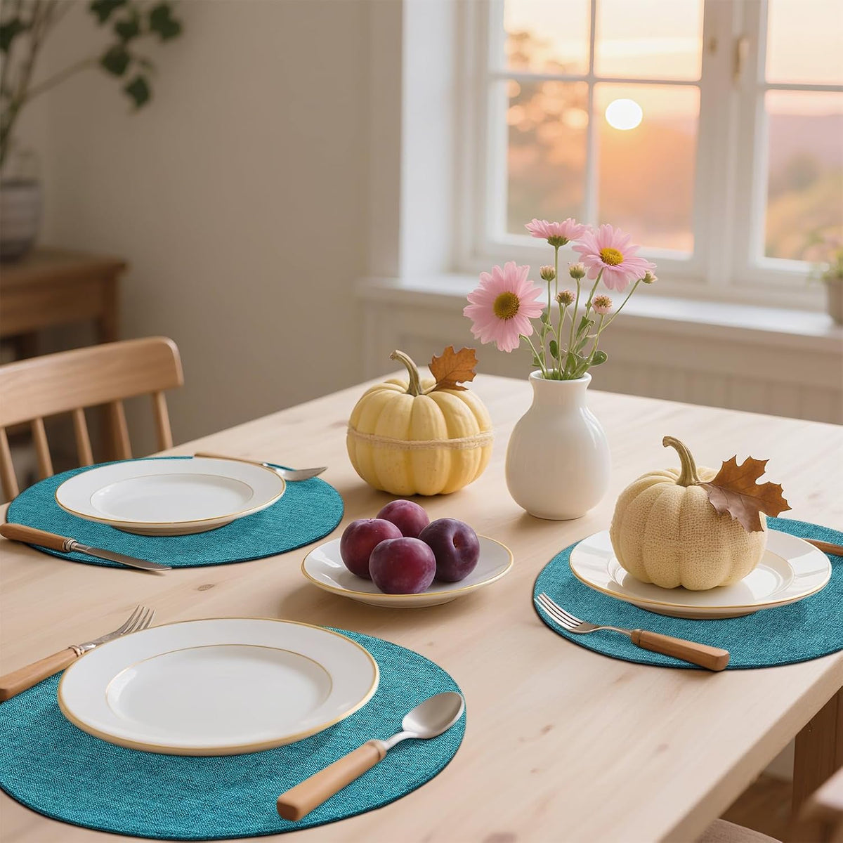 Cotton Linen 15 Inch Round Cloth Place mats, Set of 6, Teal | Washable Table Mats, Heat Resistant, Reversible, Wipeable
