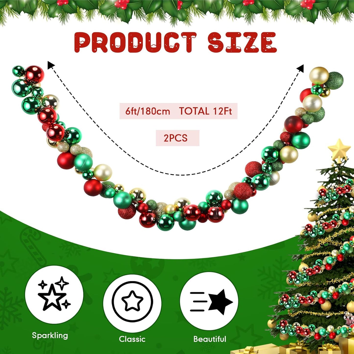Hiboom 2 Pcs 6 Feet Christmas Ball Garland Ornaments Indoor Outdoor Garland Xmas Decorative Hanging Ornaments for