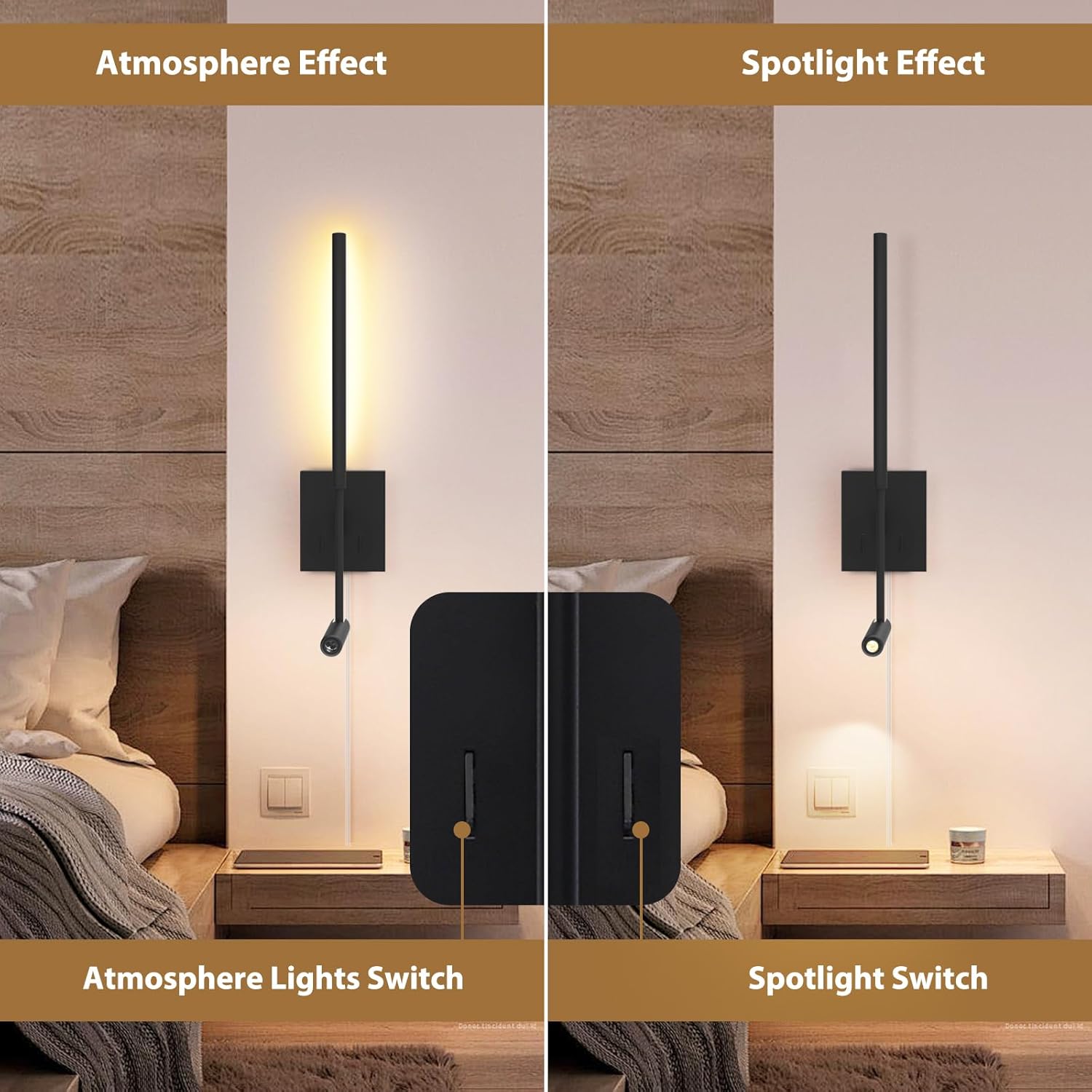 ZEROUNO Modern Plug in Wall Sconce Indoor Wall Light, Minimalist LED Line Wall Lamp with Switch, Adjustable Matte Black