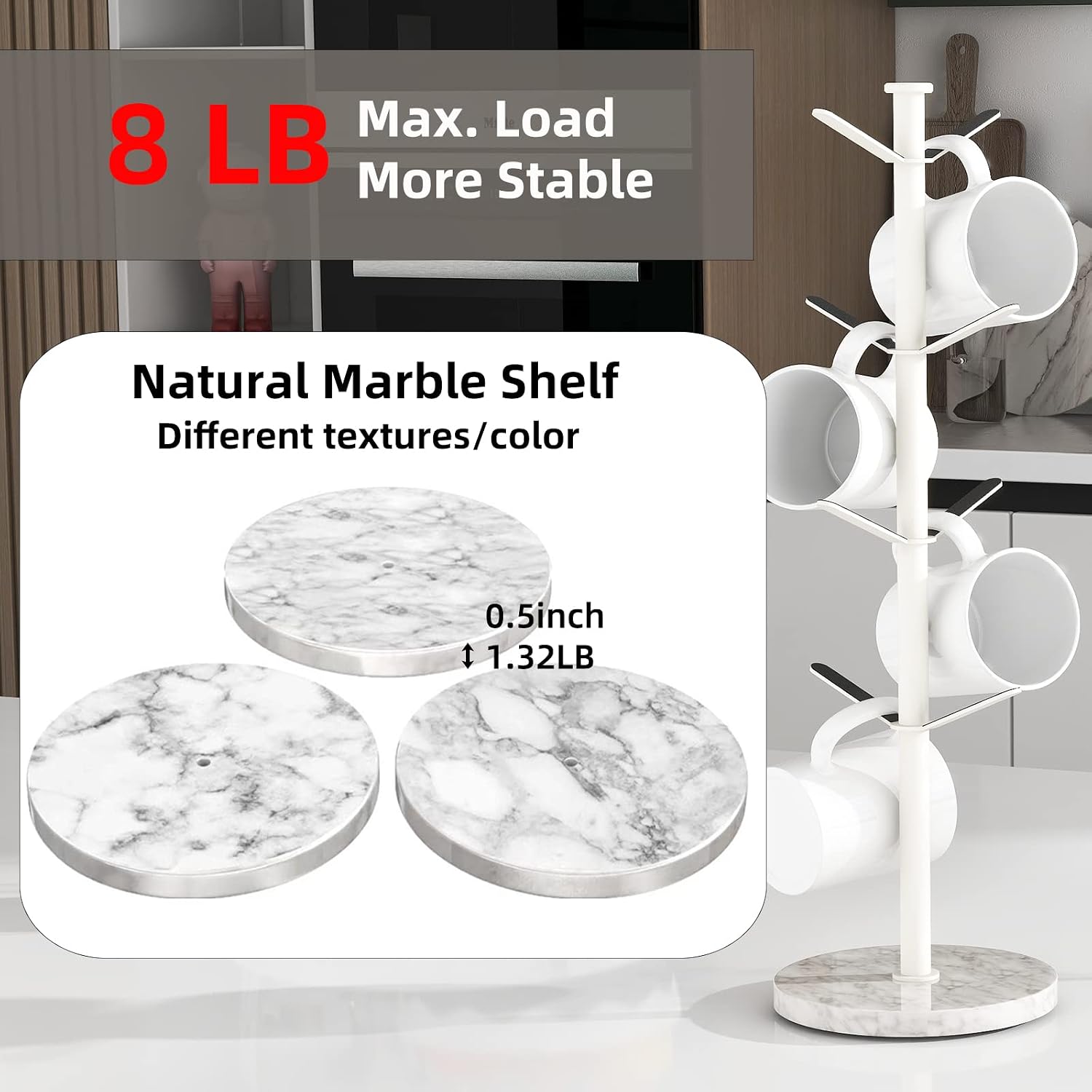 Gypie Mug Holder Tree Stand, Marble 8 Hooks Small Standard Cups, White | Free Standin, Stainless Steel Mug Rack for