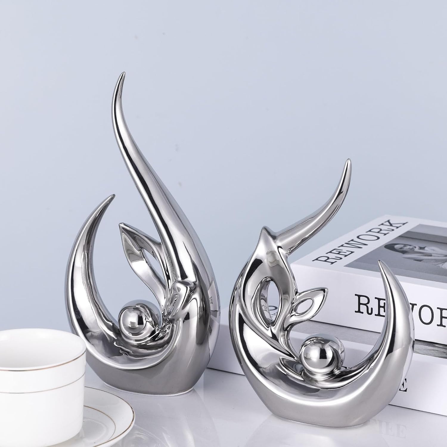 Ceramic Statues / Abstract Art Mid Century Modern Decor / Silver